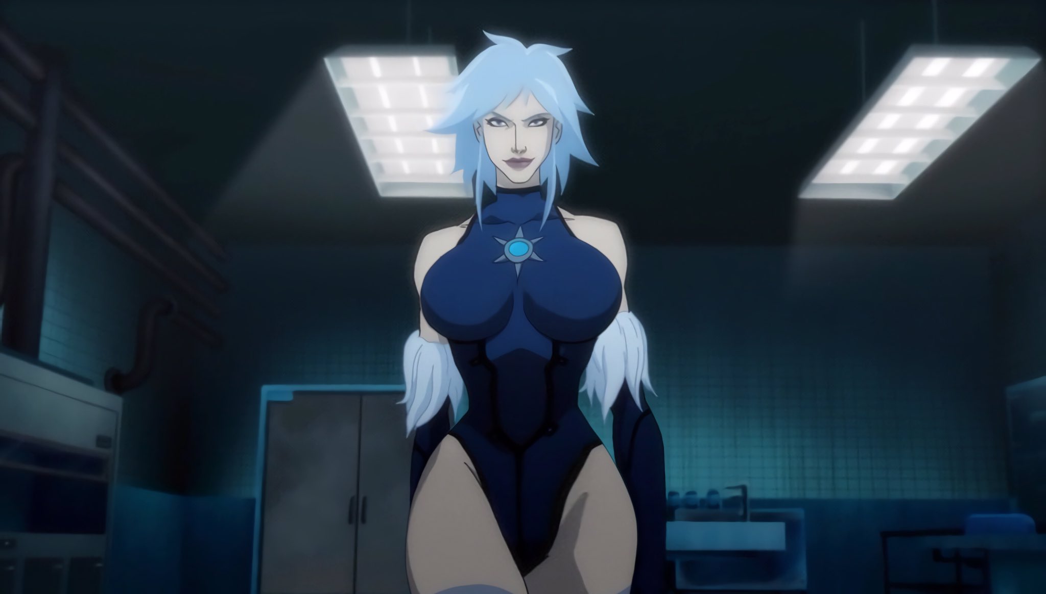1girls, 2d, accurate art style, background, batman: assault on arkham, big breasts, blue clothing, blue hair, blue leotard, bodysuit, breasts, canonical scene, color, dc, dc comics, edit, edited, edited screencap, female, firestorm (series), front view, fur, fur trim, gloves, hair, hourglass figure, killer frost, killer frost (arkham), leotard, long gloves, louise lincoln, official art, rocksteady studios, screencap, short blue hair, short hair, sleeveless, spiky hair, standing, thick thighs, thighhighs, thighs, third-party edit