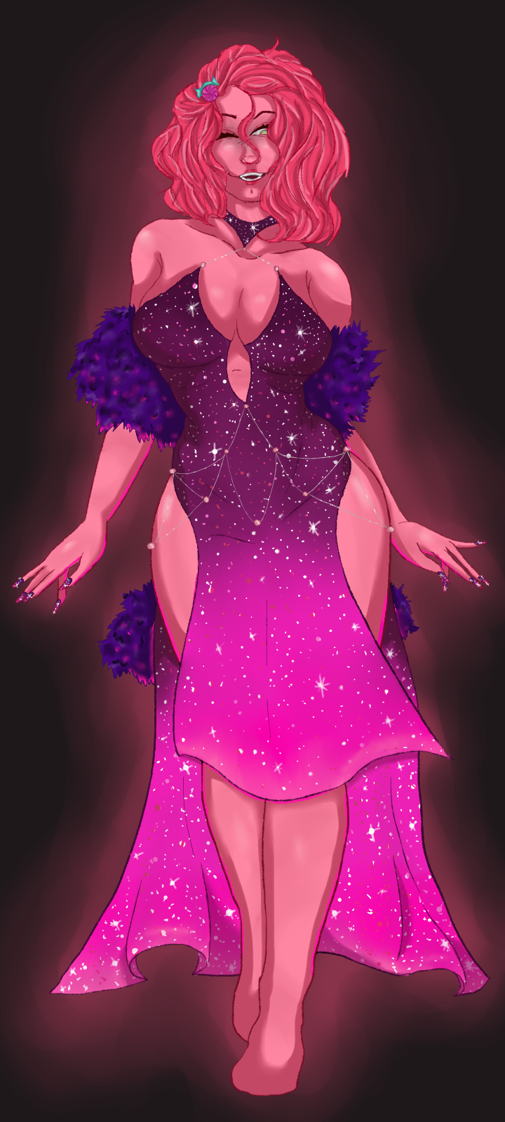 1girls barefoot cleavage dress fake_nails feather_boa female hair_ornament humanoid iridescent_eyes long_nails ms._sweetie no_toes painted_nails pink_dress pink_skin scp-2396 scp_foundation solo sparkly_dress standing toeless_feet wink