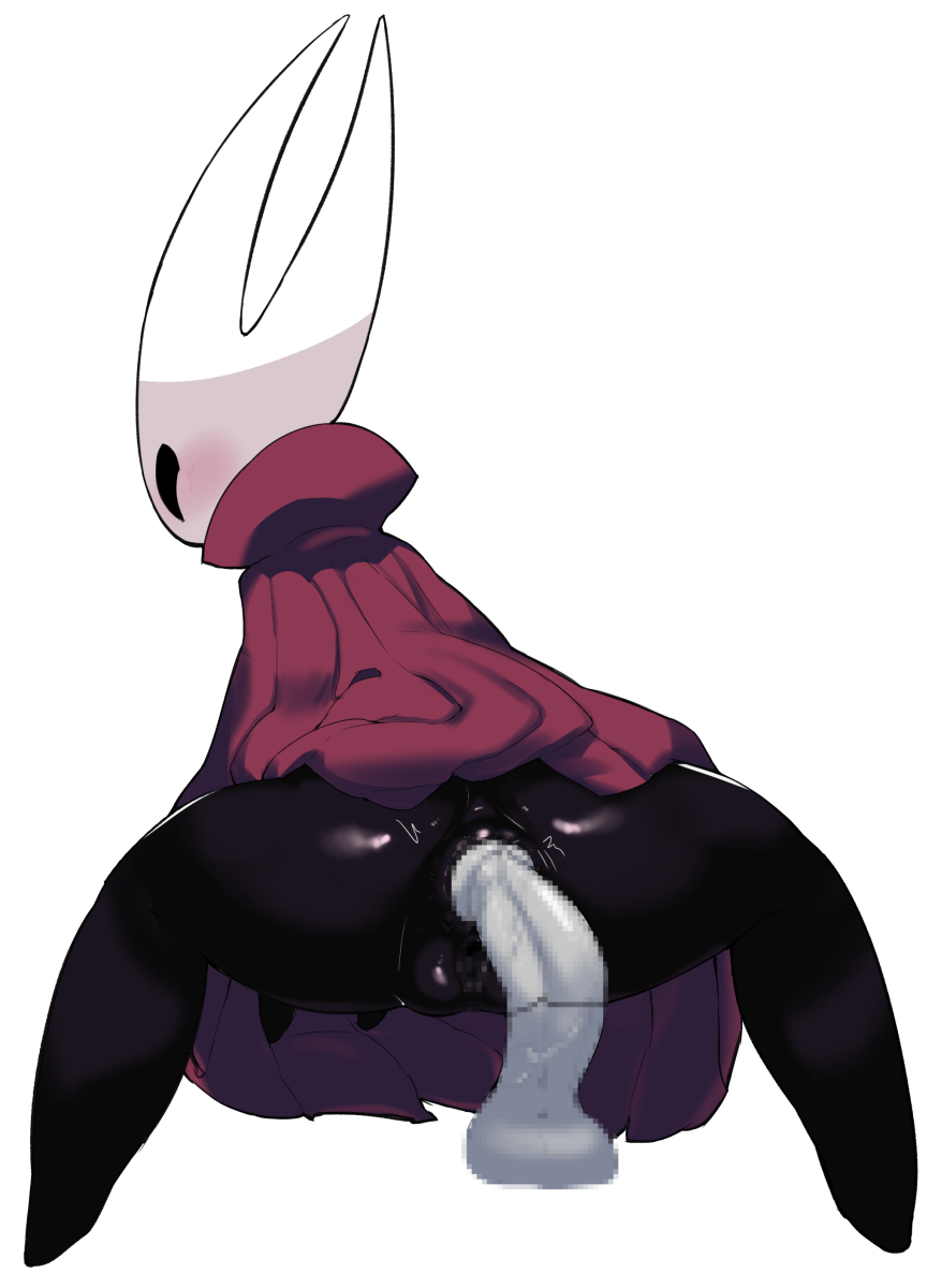1boy, 1girls, anal, anal sex, anthro, anus, arthropod, ass, balls, black body, blush, cloak, clothing, disembodied penis, duo, female, female focus, female penetrated, from behind, genitals, hollow eyes, hollow knight, hollow knight x humans, hornet (hollow knight), male, male/female, man0., mask, masked, penis, pussy, sex, simple background, team cherry, vessel (species), video games, white background
