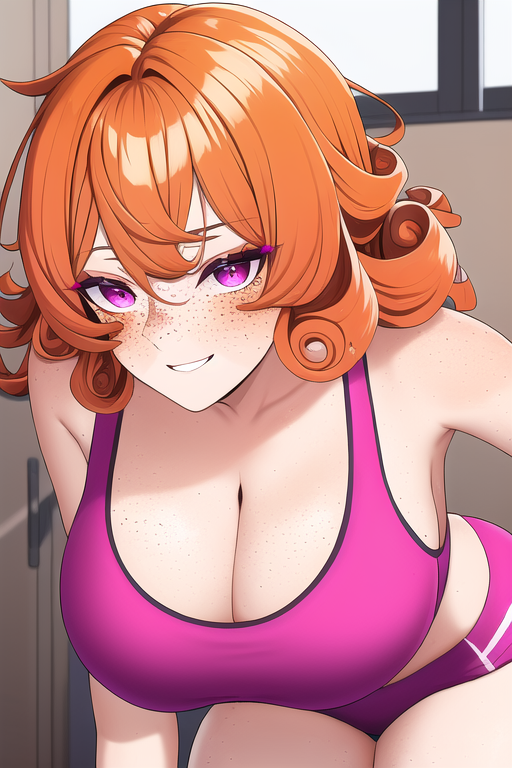 1girls, ai generated, bent over, big breasts, breasts, cleavage, female, female only, freckles, freckles on breasts, freckles on chest, looking at viewer, nai diffusion, orange hair, original, original character, solo, solo female, sports bra, stable diffusion