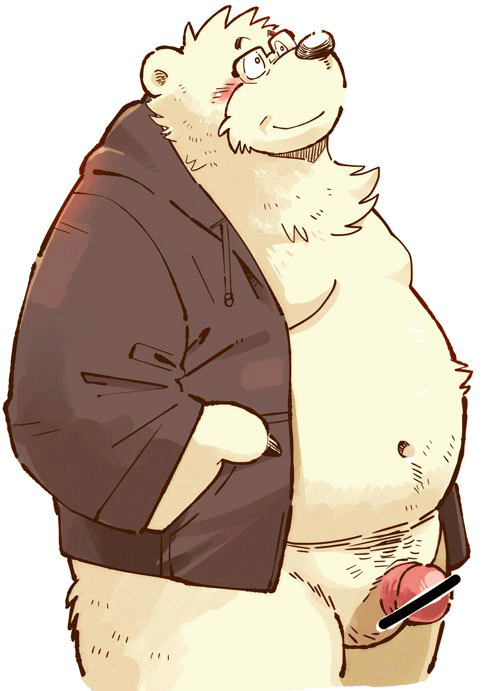 4_fingers anthro balls bear belly big_belly black_nose blush bottomless censor_bar censored chest_tuft clothed clothing eyewear fingers fur garouzuki genitals glasses hand_on_hip head_tuft hoodie hoodie_only ineffective_censorship kemono ken_(garouzuki) male mammal monotone_body monotone_fur moobs navel nipples open_clothing open_shirt open_topwear overweight overweight_anthro overweight_male penis pink_nipples polar_bear shirt simple_background smile solo topwear topwear_only tuft ursine