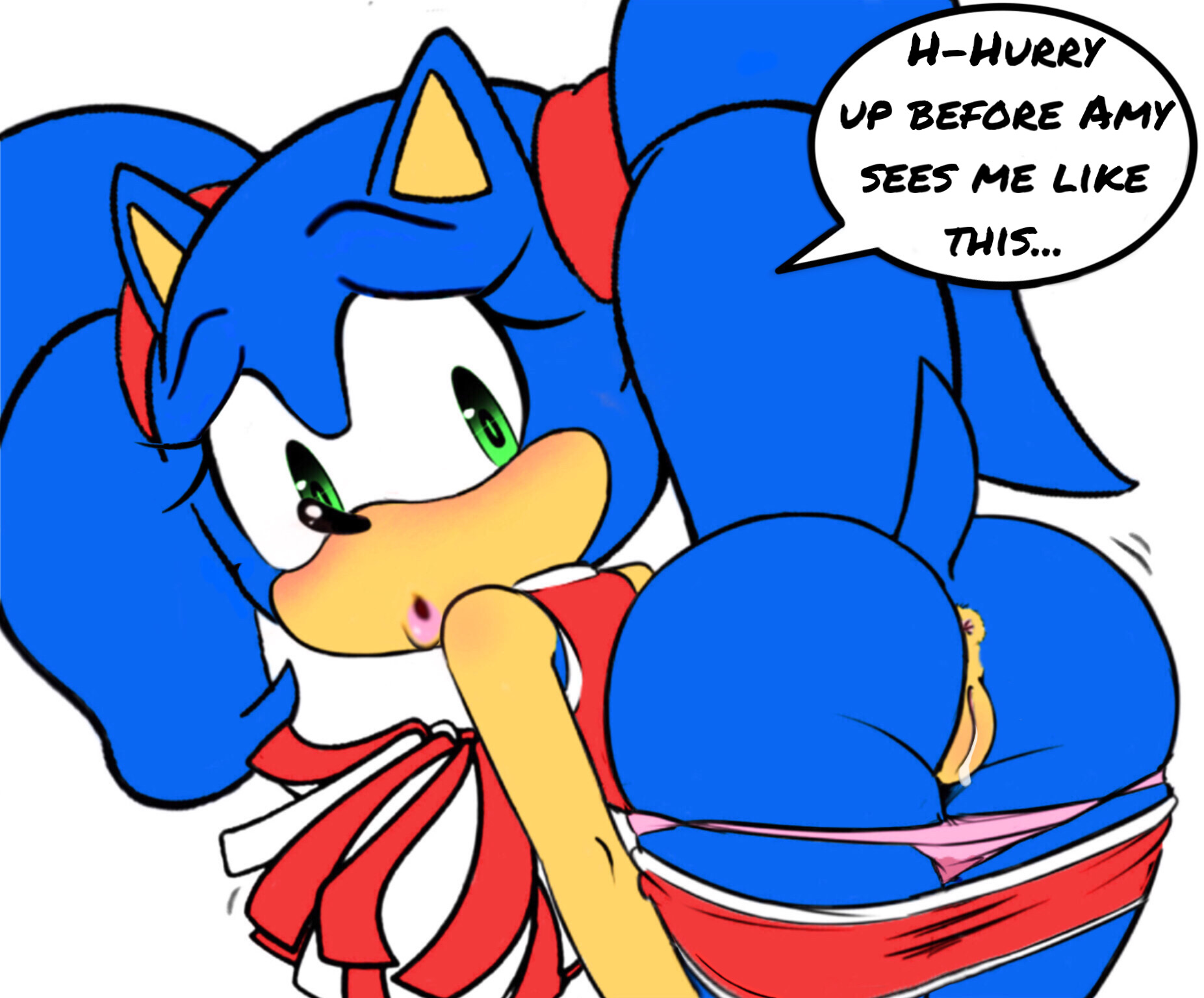 after transformation, bent over, cheerleader, cheerleader uniform, fan edit, female, female only, pom poms, post-transformation, pussy, rule 63, sega, sonic (series), sonic the hedgehog, sonic the hedgehog (series), sonique the hedgehog, transformation, twintails