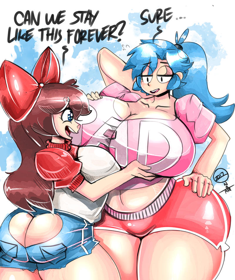 2girls ass belly big_ass big_breasts body_swap bow_ribbon breast female female_only head_swap onat onatart permanent taller_female thick_thighs wide_hips