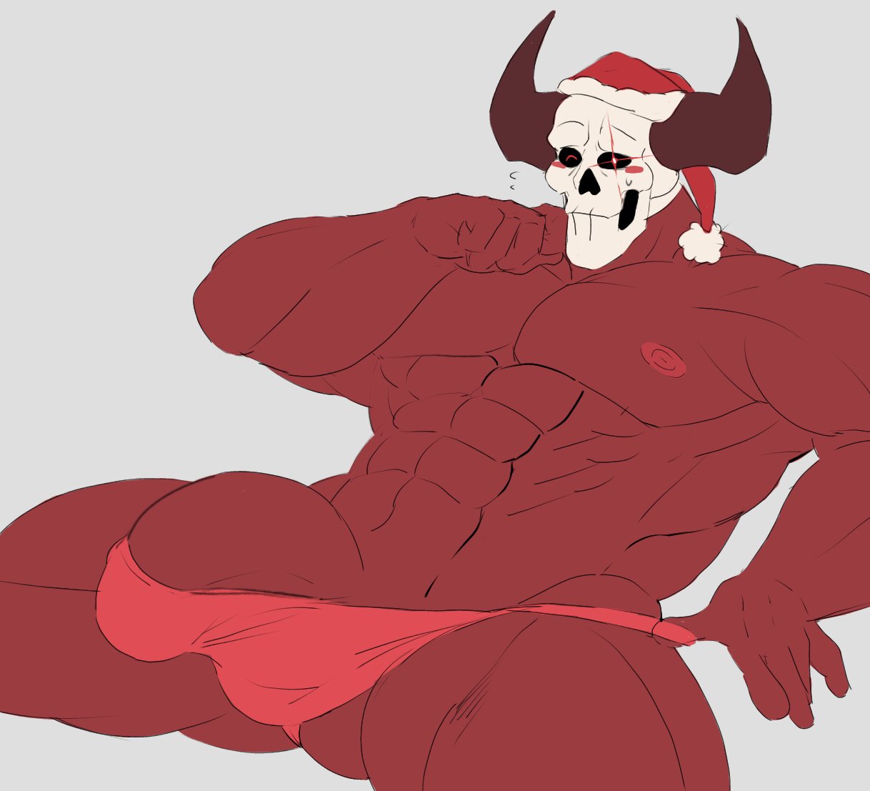 balls bara big_balls big_penis blush boner bulge christmas demon erection horns male male_only muscles muscular nalnahi1 penis red_body santa_hat skull skull_head solo solo_male spread_legs thong