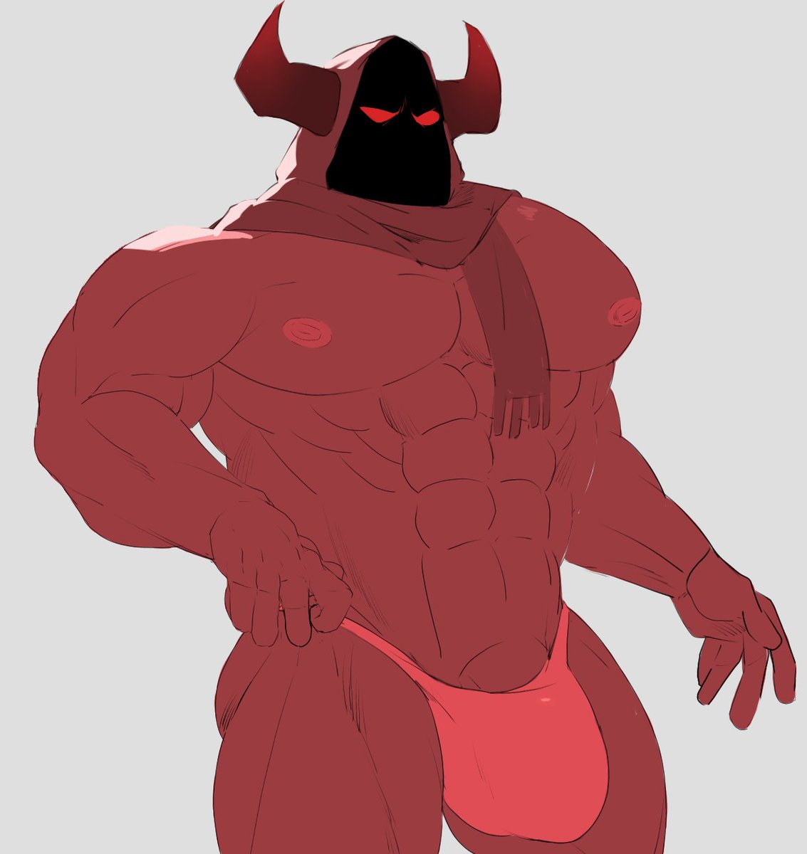 balls bara big_balls big_pecs big_penis boner bulge demon erection hood horns male male_only muscles muscular nalnahi1 penis red_body solo solo_male thong