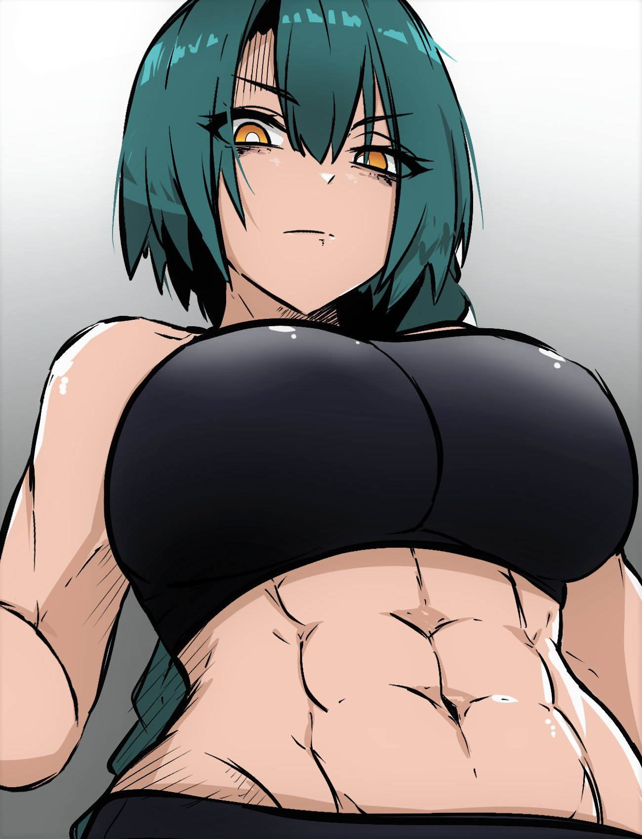 1girls abs breasts female female_only fire_emblem fire_emblem_heroes gradient_background gym_clothes large_breasts looking_at_viewer looking_down muscles muscular muscular_female nintendo solo solo_female tavi_(hosheezus) thorr_(fire_emblem)