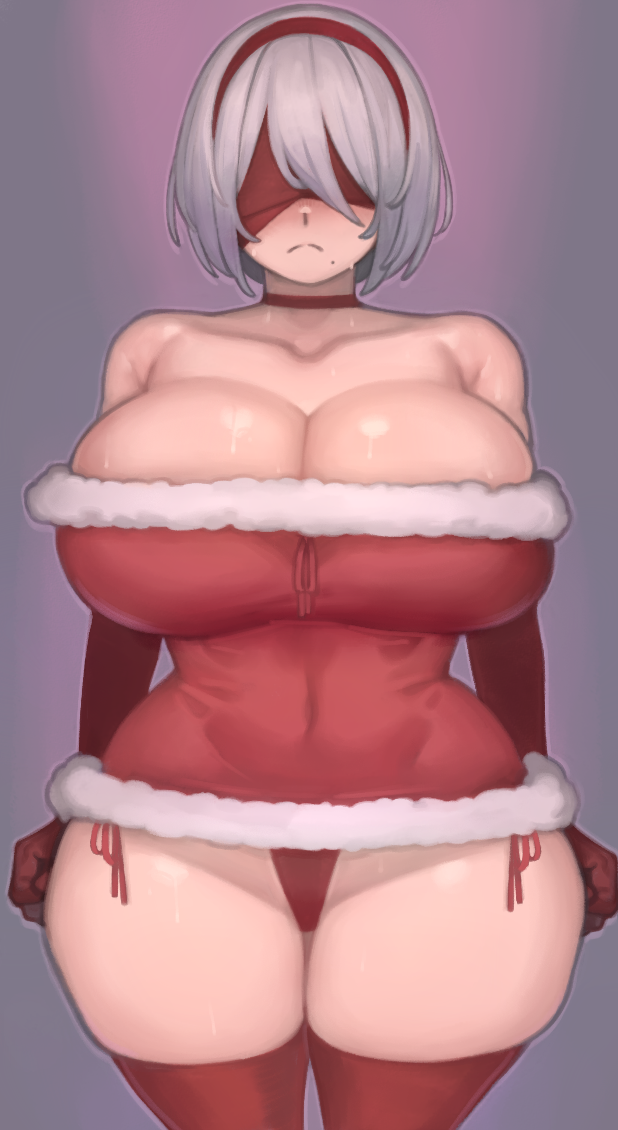 1girls, android, android girl, blindfold, breasts, christmas, female, hips, huge breasts, kelvin hiu, large breasts, light skin, light-skinned female, nier, nier: automata, red clothing, short hair, thick thighs, thighs, voluptuous, white hair, wide hips, yorha 2b