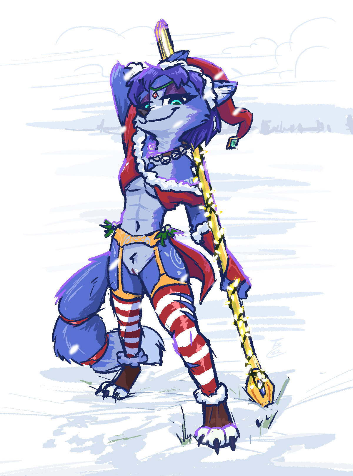 2020s 2022 anthro athletic athletic_anthro athletic_female bell blue_eyes blue_hair breasts canid canine cape christmas christmas_clothing christmas_headwear clothing crotch_tuft female fox full-length_portrait garter_belt garter_straps genitals hair hat headgear headwear hi_res holidays jingle_bell krystal legwear mammal mostly_nude nintendo portrait pussy santa_hat smile snow solo staff standing star_fox stockings theblueberrycarrots thigh_highs tuft under_boob