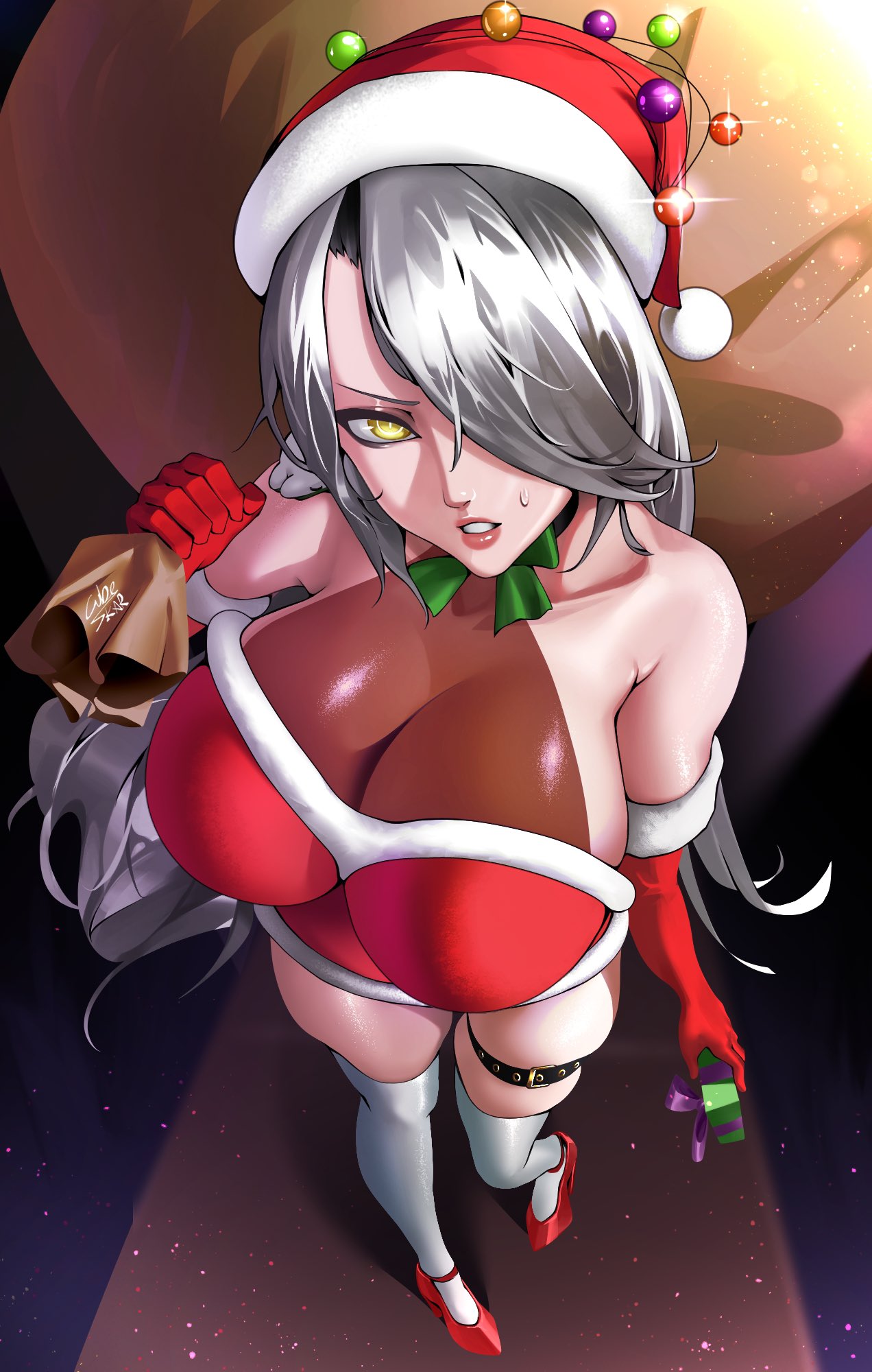 android big_breasts christmas close-up cubeskar elbow_gloves female_only grey_hair high_heels red_shoes ribbon santa_costume santa_hat solo tagme thick_thighs thigh_highs thigh_strap thighs virtual_youtuber vshojo white_hair yellow_eyes zentreya