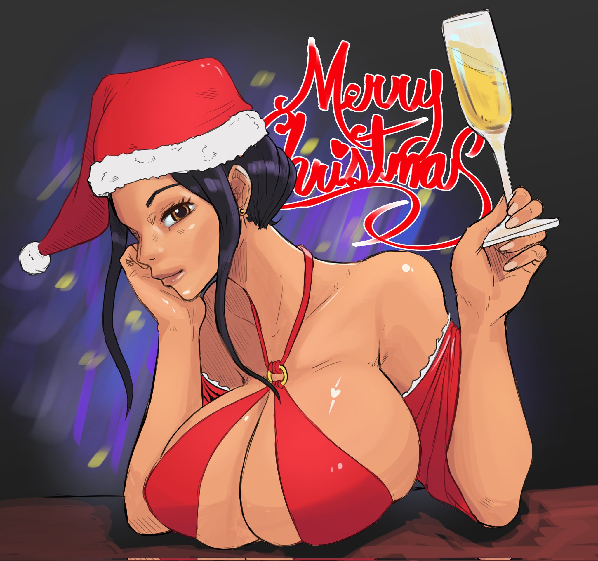 1girls, big breasts, black hair, black-haired female, breasts, breasts on table, christmas, ecchipoo, female, female only, holidays, huge breasts, light skin, light-skinned female, looking at viewer, nico robin, one piece, post-timeskip, voluptuous, voluptuous female
