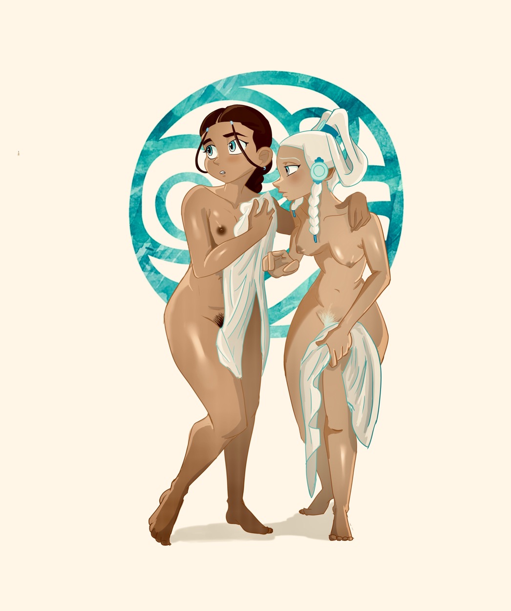 avatar_the_last_airbender blue_eyes braided_ponytail brown_hair brown_pubic_hair covering_pussy dark_skin female holding_towel katara klassyarts_(artist) looking_to_the_side naked nickelodeon nude nude_female pubic_hair side_braids sidelocks small_breasts towel towel_covering_breasts water_tribe_logo white_hair white_pubic_hair yue