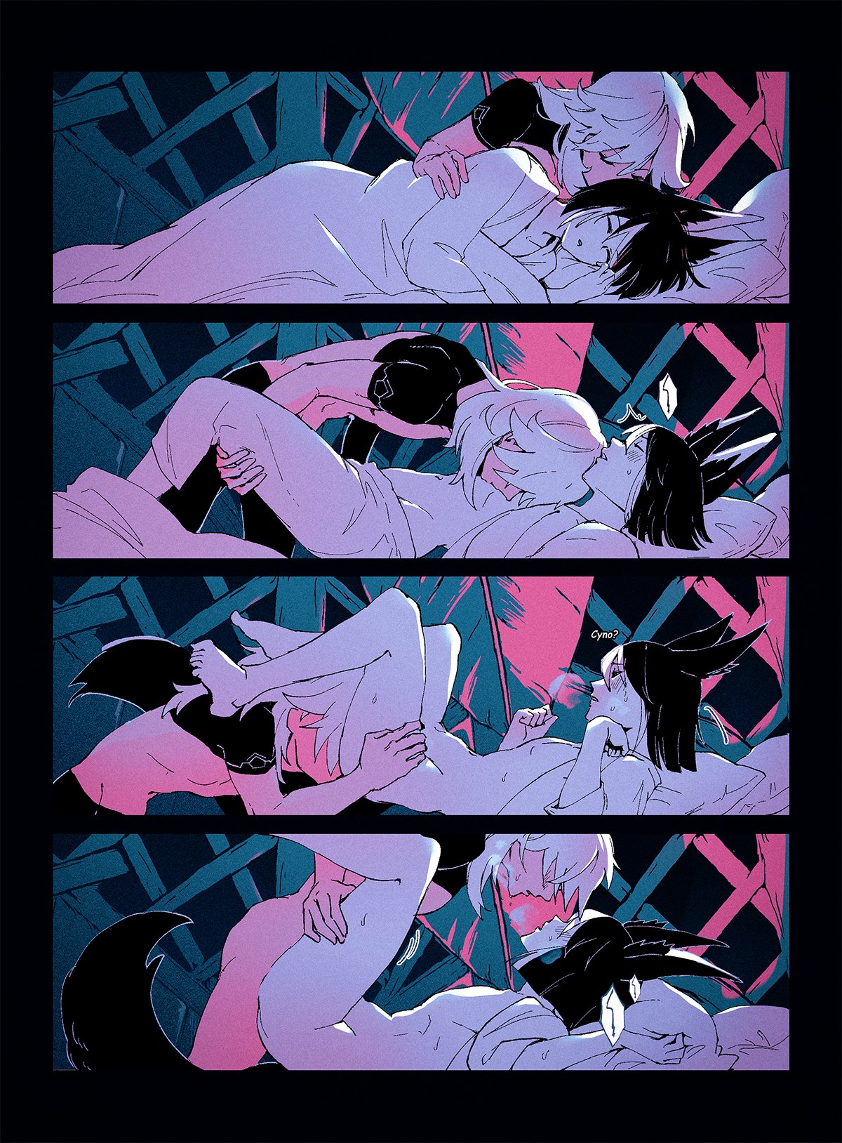 2boys, bed, comic, comic strip, cyno (genshin impact), furry ears, furry tail, gay, genshin impact, grabbing pillow, male, male only, multiple boys, rimming, sex, tighnari (genshin impact), two-tone hair, white hair, yaoi