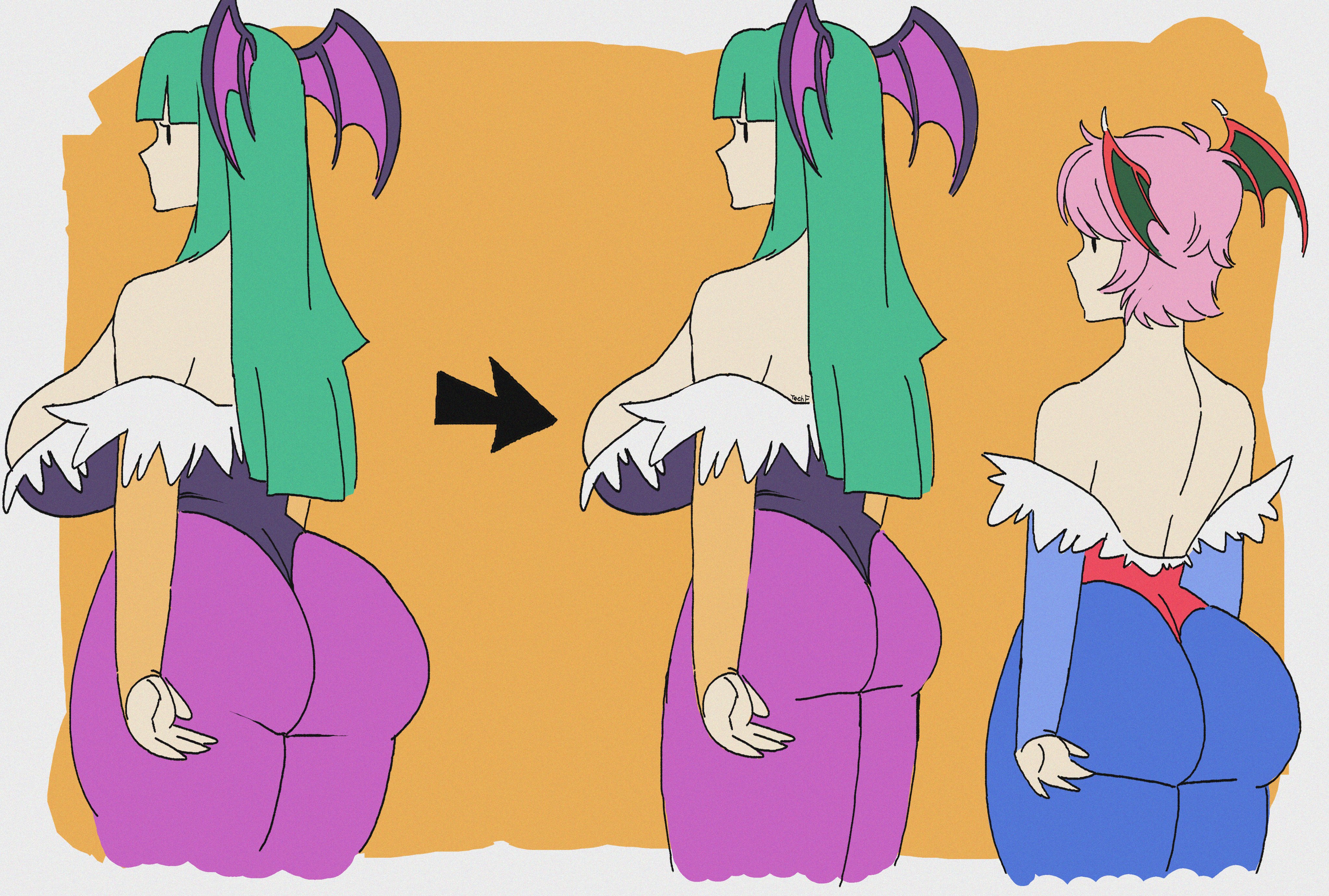 2girls, ass, big ass, big breasts, breasts, bubble ass, bubble butt, capcom, clothing, darkstalkers, demon, female, flat chest, funny, head wings, huge ass, large breasts, lilith aensland, morrigan aensland, succubi, succubus, succubus costume, tecfuzz