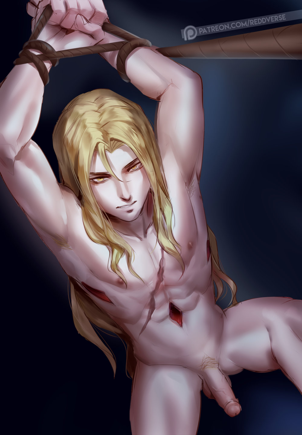 1boy abs alucard_(castlevania) areolae armpit_hair arms_up artist_name balls ballsack bdsm bishonen blonde_armpit_hair blonde_hair blonde_hair_male blonde_pubic_hair blood bondage boner castlevania castlevania_(netflix) chest_scar collarbone completely_nude_male cuts dhampir erect_penis erection foreskin foreskin_folds full_color hairy_penis hands_tied human human_only injured intact light-skinned_male light_skin long_hair_male looking_at_viewer looking_up male male_nipples male_only male_pubic_hair muscles muscular_male nude_male patreon_username pecs penis pubes reddverse restrained retracted_foreskin scar scar_across_breast scrotum six_pack smooth_skinned_male solo stab_wound testicles tied_up uncensored uncircumcised uncut uncut_penis urethra vampire veiny_penis video_game_character whip wrists_tied yellow_eyes