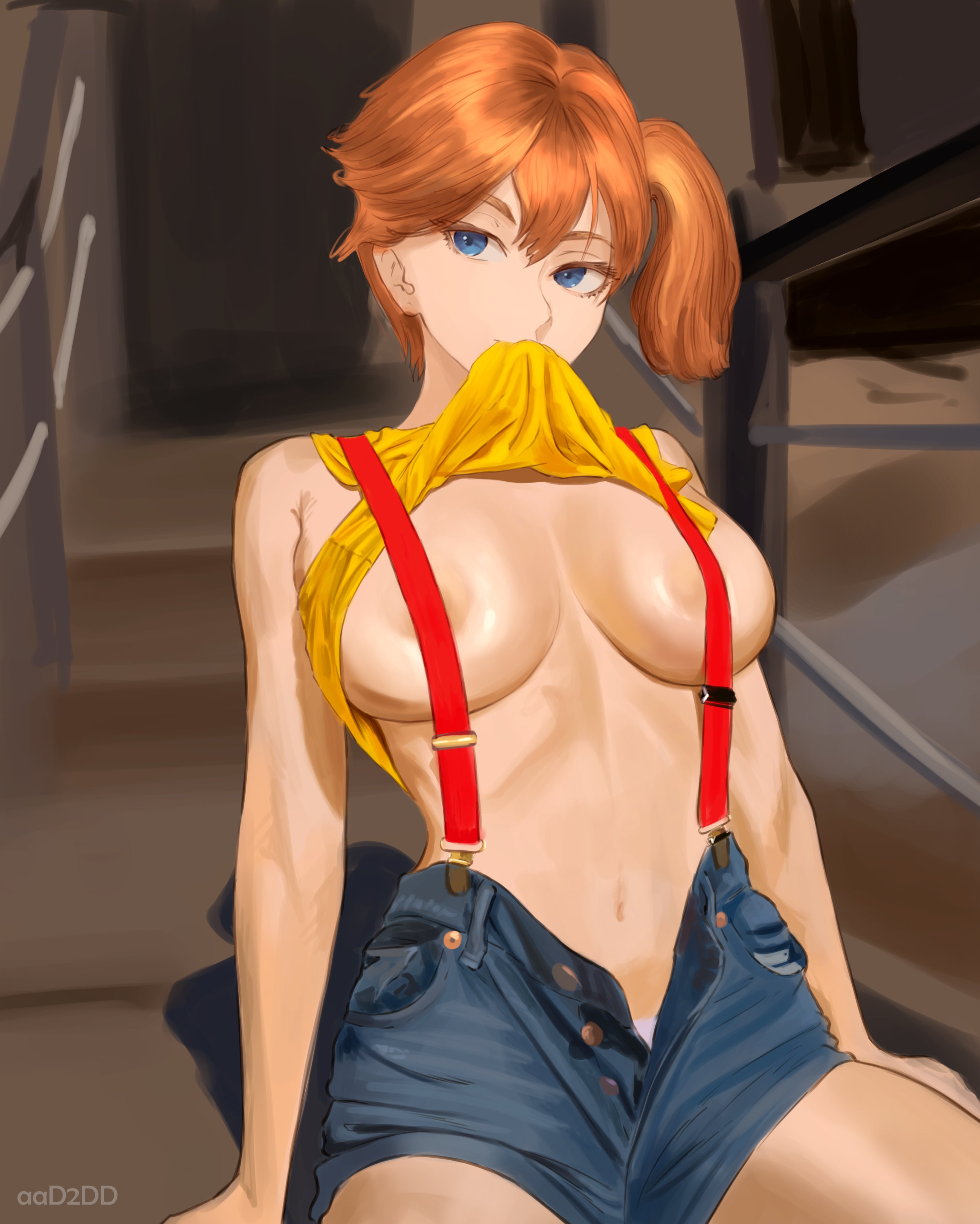 1girls, 2022, aad2dd, absurd res, areolae, big breasts, blue eyes, breasts, busty, clothes lift, female, female only, kasumi (pokemon), large breasts, looking at viewer, midriff, mouth hold, navel, nintendo, open shorts, orange hair, pokemon, shorts, side ponytail, sitting, smiling at viewer, solo, suspenders, teasing, voluptuous