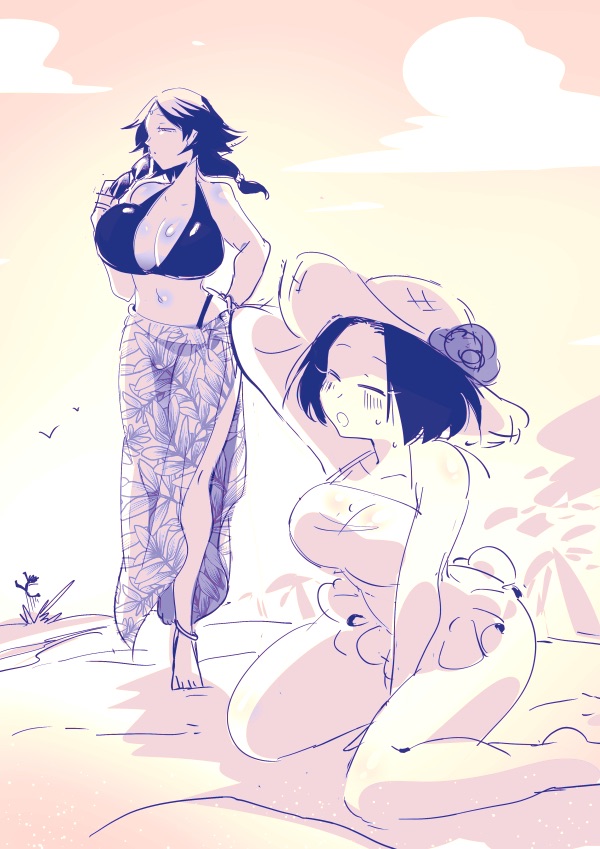 2girls beach big_breasts bikini blush cleavage female female_only full_body gaolang_wongsawat genderswap_(mtf) huge_breasts kaneda_suekichi kengan_(series) kengan_ashura low-tied_long_hair manami_ya one-piece_swimsuit restricted_palette rule_63 sarong short_hair sketch sun_hat sunglasses_removed swimsuit swimwear