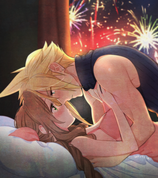 1boy 1boy1girl 1girls aerith_gainsborough blonde_hair blue_eyes blush cloud_strife cute face_to_face final_fantasy final_fantasy_vii final_fantasy_vii_remake fireworks forehead_to_forehead green_eyes intimate krudears lying_on_back male/female new_year night nighttime pink_dress romantic sleeveless straight suggestive sweet wholesome window