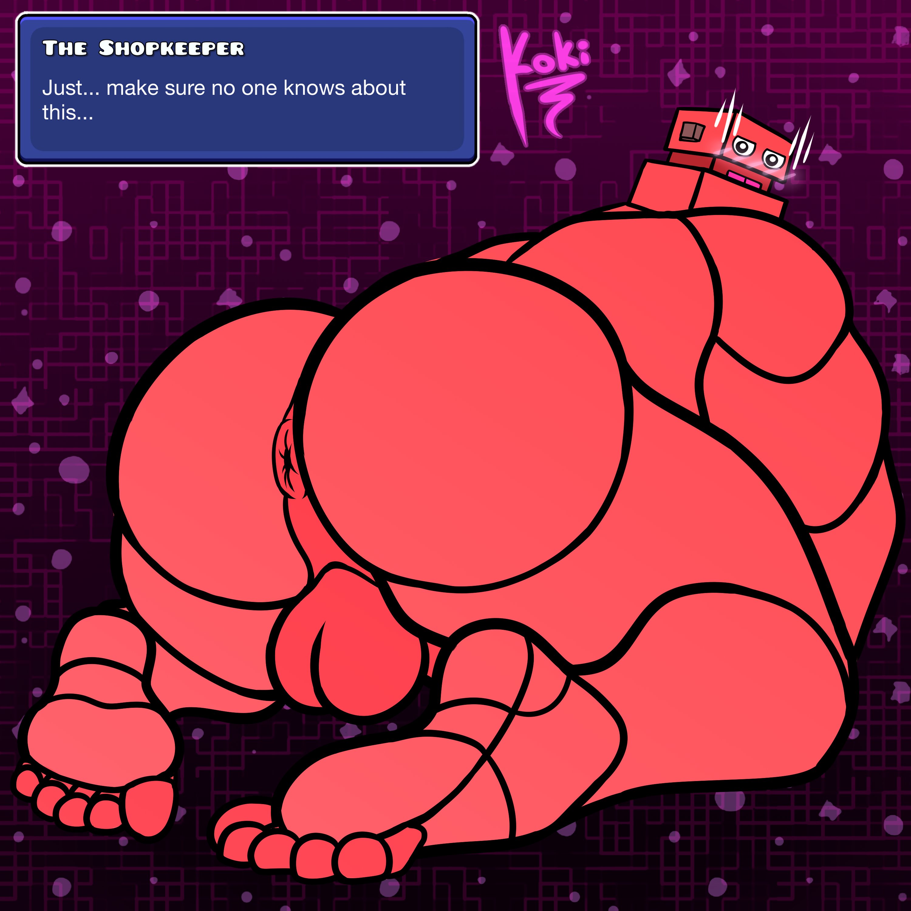 anal, anus, ass, ass focus, balls, bfad, big ass, big balls, blush, dialogue, embarrassed, gay, gdasher, geometry dash, homosexual, homosexual male, koki 1, male, male only, non-human, on knees, pink skin, presenting anus, presenting ass, purple background, shopkeeper (geometry dash)
