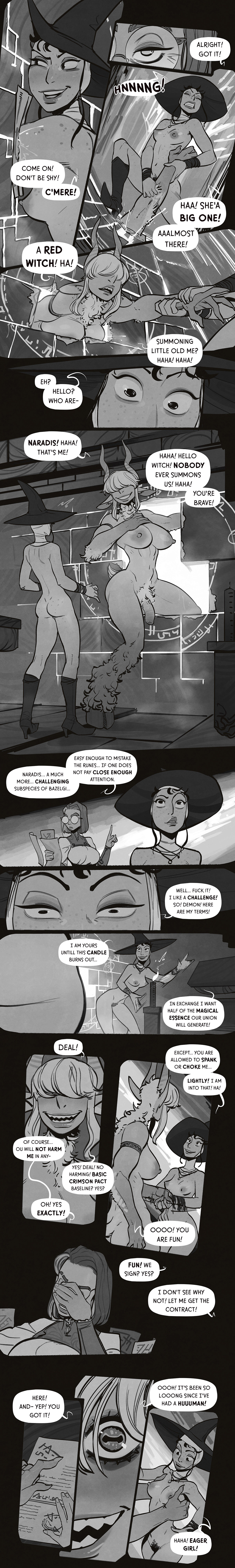 1futa, 2022, 2girls, absurd res, areolae, being watched, big breasts, big penis, breasts, comic, demon, demon futa, demon horns, dialogue, duo, english text, female, flaccid, futanari, glasses, hooves, horns, human, humanoid, incase, intersex, monochrome, nipples, nude, nude female, penis, pubic hair, skindentation, speech bubble, standing, summoning, summoning circle, text, witch, witch hat