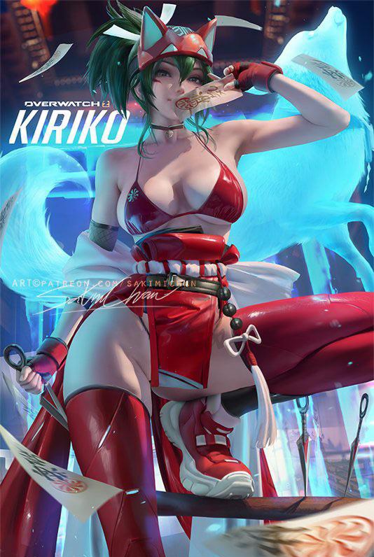 2d, asian female, curves, female, green hair, kiriko (overwatch), kunai, looking at viewer, overwatch, overwatch 2, red bra, red legwear, sakimichan, thong