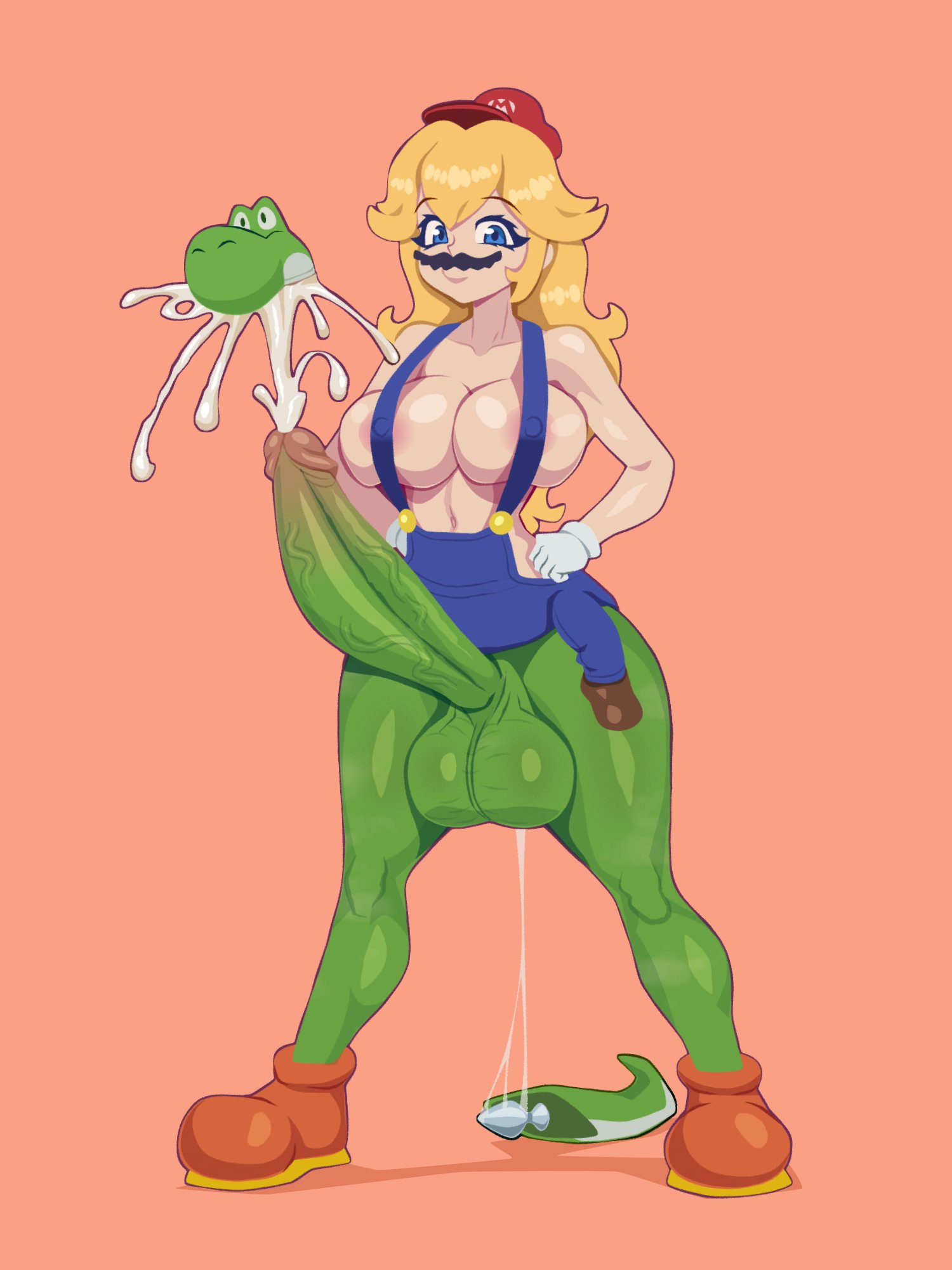 1futa, 2022, anal plug, areolae, balls, blonde hair, bodypaint, breasts, buttplug, buttplug tail, clothed, clothing, costume, cum, cumshot, ejaculation, erect nipples, erection, full body, futa only, futanari, halloween, halloween costume, hands-free, handsfree ejaculation, hat, huge balls, huge breasts, huge cock, human, intersex, light skin, light-skinned futa, long hair, mario (series), mostly nude, nintendo, nipple bulge, nipples, painted clothes, penis, princess peach, purplehorn (artist), solo, standing, suspenders