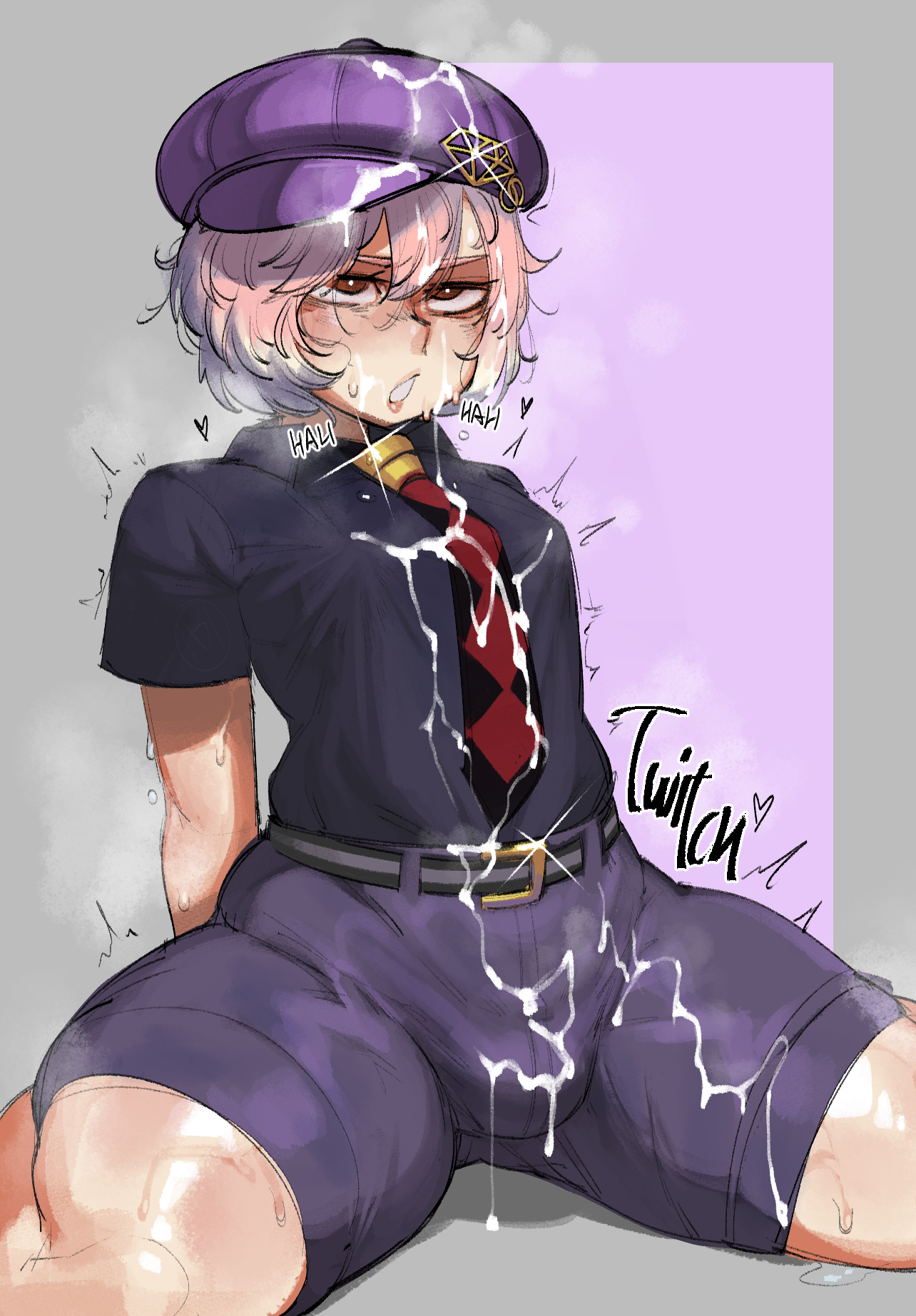 1boy, august weiss (xyneas), bulge, clothed, clothed male, clothing, cum, cum on clothes, erect nipples, erect nipples under clothes, femboy, fully clothed, hat, heavy breathing, human, krekk0v, light skin, light-skinned male, looking at viewer, male, male only, nipples, original, pink hair, short hair, shorts, sitting, solo, sweat, trap, trembling, visible breath, wide hips, wide thighs