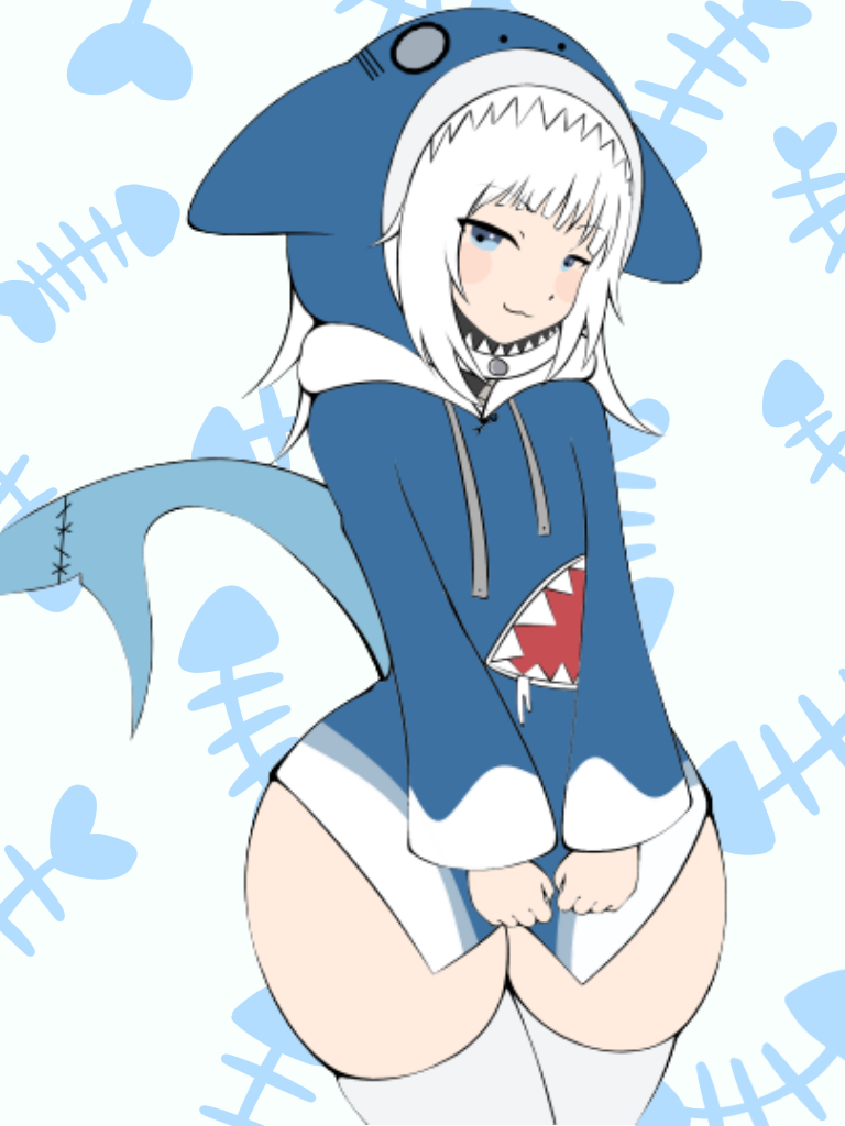 =3 blue_eyes colored_sketch gawr_gura hands_covering_pussy hololive hololive_english hololive_myth shark_hood shark_tail thick_thighs virtual_youtuber voluptuous voluptuous_female vtuber white_hair youtube zonen404