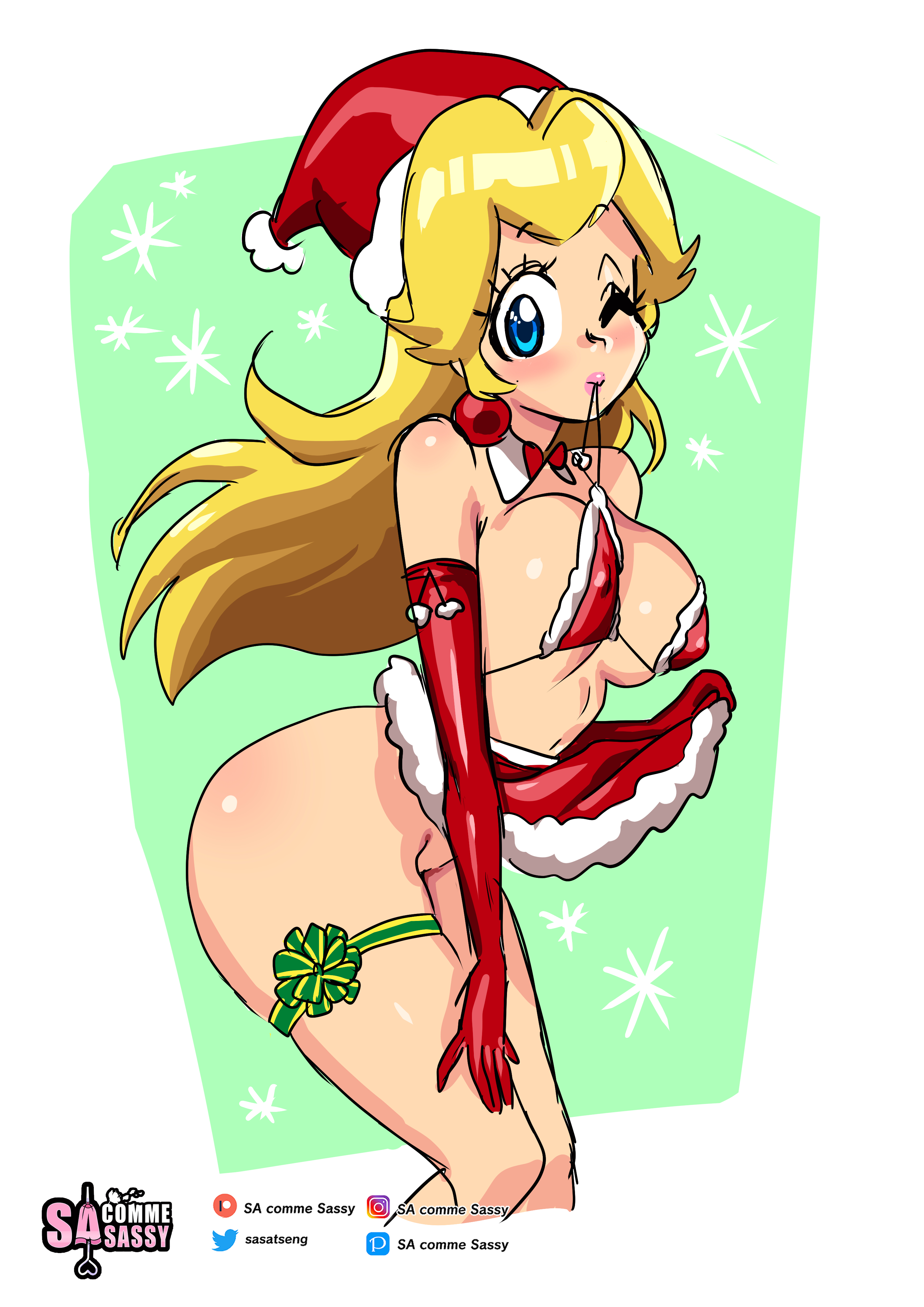 1girls, armwear, ass, big breasts, big lips, blonde hair, blue eyes, breasts, christmas, christmas clothing, christmas outfit, cleavage, ear piercing, earrings, elbow gloves, female, female only, gloves, hair, hat, headwear, hips, holidays, lips, lipstick, long hair, mario (series), neckwear, nintendo, one eye closed, pink lips, pink lipstick, princess peach, red gloves, santa hat, sasatseng, solo, solo female, thick lips, thighs, topwear, wink