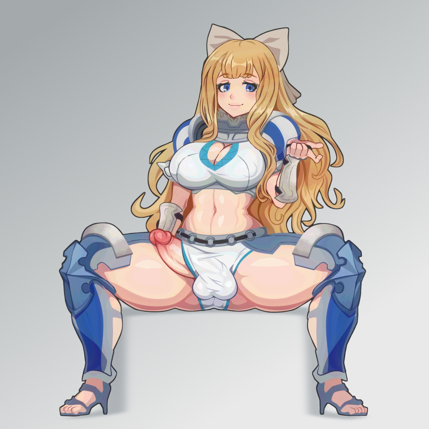 1futa, 2022, all fours, balls, big breasts, big penis, blonde hair, bow, breasts, charlotte (fire emblem), cleavage, cleavage cutout, clothed, clothing, come hither, commission, erection, fire emblem, fire emblem fates, full body, futa only, futanari, half-closed eyes, high heel sandals, human, intersex, light skin, light-skinned futa, mostly clothed, nintendo, penis, penis out, pointing, pointing at viewer, purplehorn (artist), sandals, solo, spread legs