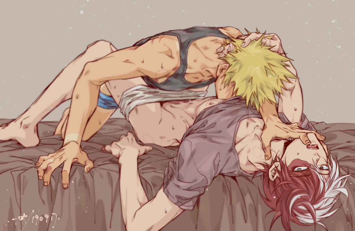 2boys, being undressed, bite mark, blonde hair, hand in hair, katsuki bakugou, kissing, looking at viewer, lying on back, male, male only, my hero academia, on back, on bed, shouto todoroki, spiky hair, tank top, two-tone hair, underwear, underwear down, undressing, yaoi