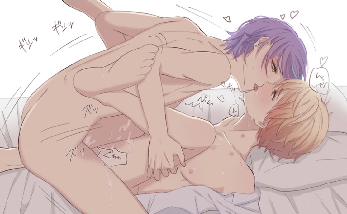 2boys, anal, anal sex, bed, bed sheet, bedroom, bedroom sex, blonde hair, blush, chest, clothes removed, cum, cum on body, gay, gay sex, japanese text, kamishiro rui, kissing, legs held open, legs spread, legs up, looking at another, looking at partner, making out, male, male focus, male only, male penetrated, male penetrating, male penetrating male, male/male, mating press, missionary, missionary position, missionary sex, naked, nipples, on bed, piercing, pink eyeshadow, project sekai, purple hair, sweat, tenma tsukasa, thighs, white shirt, wholesome, wholesome sex, yaoi