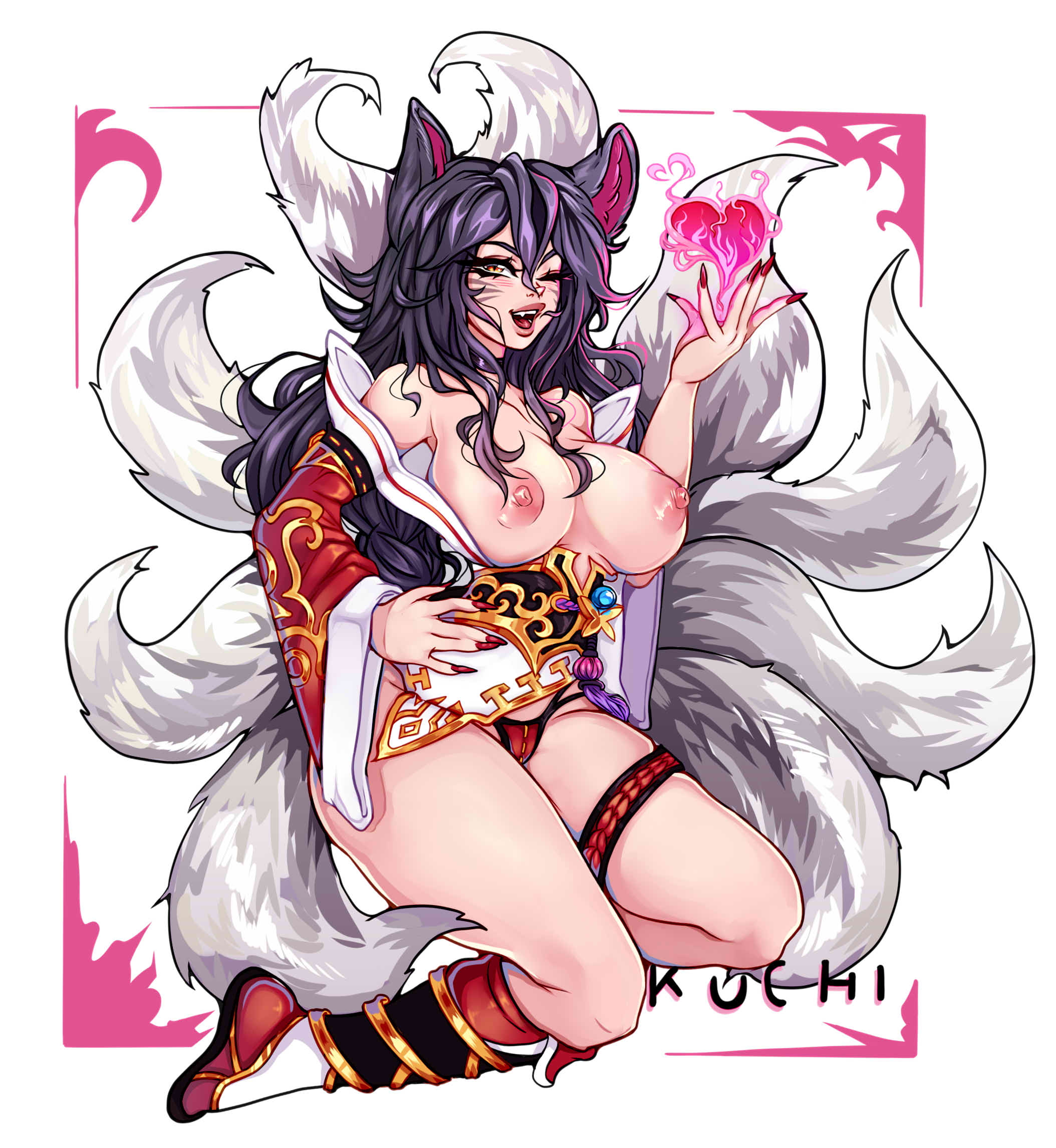 ahri, animal ear fluff, animal ears, animal girl, areolae, big breasts, black hair, breasts, busty, cleavage, clothing, curvaceous, curves, curvy, curvy body, curvy female, curvy figure, curvy hips, eyelashes, eyeliner, eyeshadow, facial markings, female, fluffy, fluffy ears, fluffy tail, fluffy tails, fox, fox ears, fox girl, fox tail, furry tail, hips, hourglass figure, humanoid, inner ear fluff, kemonomimi, kitsune, kuchicute, league of legends, light skin, light-skinned female, lips, lipstick, long hair, multi tail, nine tailed fox, nipples, pale skin, pale-skinned female, pink areola, pink nipples, riot games, tail, thick thighs, thighs, vastaya, video games, yellow eyes