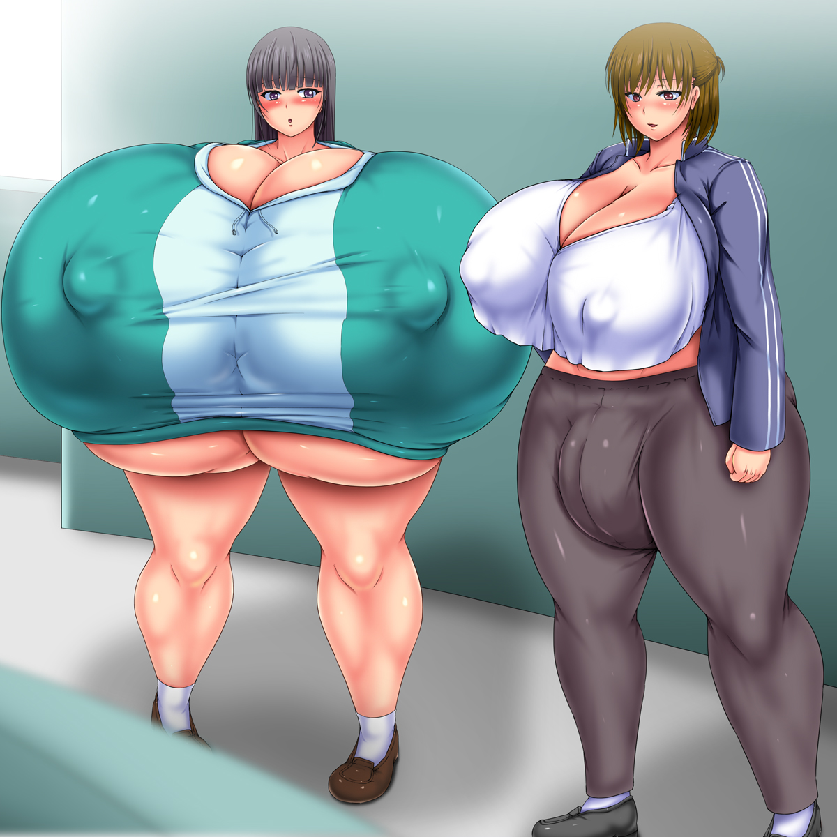 1futa, 1girls, alternate version available, ass, bangs, big ass, black hair, breasts, breasts bigger than head, bulge, cleavage, clothed, clothing, duo, enormous ass, enormous breasts, female, flaccid, futanari, gigantic breasts, huge ass, human, hyper, hyper ass, hyper breasts, intersex, light skin, light-skinned female, light-skinned futa, long hair, massive ass, massive breasts, mostly clothed, penis, piyokorota, short hair, squatting, standing, staring, staring at penis, thick thighs, top heavy