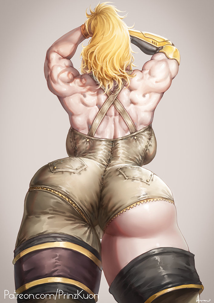 1girls arms_up ass ass_focus back_muscles backboob bare_shoulders big_ass big_butt breasts butt clothed clothing dat_ass female female_only half_pants low-angle_view muscles muscular muscular_back muscular_female prinzkuon rear_view rwby simple_background solo solo_female standing thick_thighs voluptuous wide_hips yang_xiao_long yellow_hair