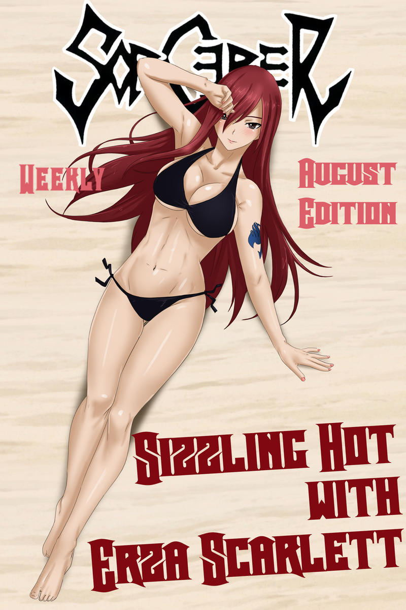 amenoosa beach bikini breasts erza_scarlet fairy_tail long_hair pose red_eyes seduction seductive seductive_look seductive_pose tattoo