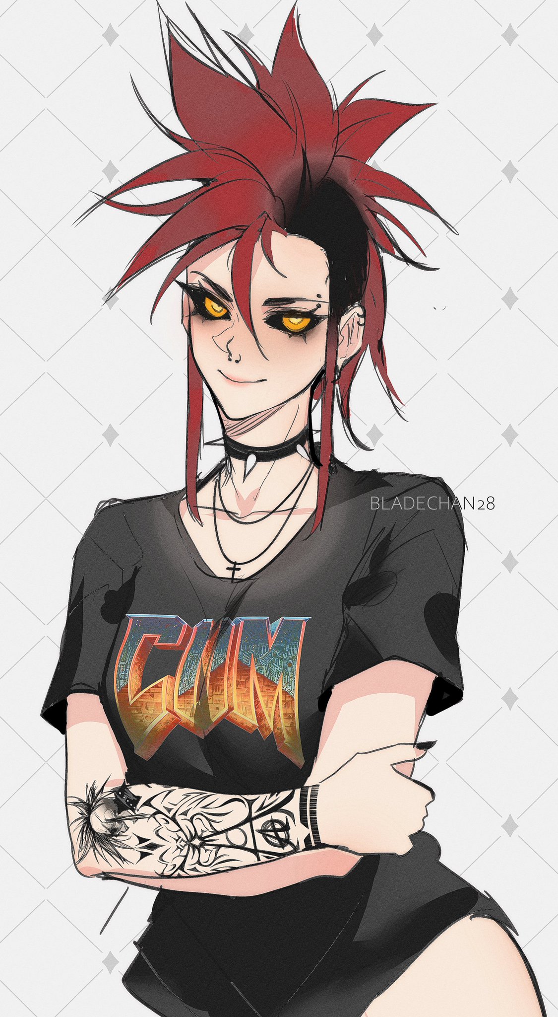 1girls acid/erika_penner_(bladechan28) arm_tattoo black_nails bladechan28 cross_necklace crossed_arms female female_only light-skinned_female light_skin looking_at_viewer necklace original punk punk_girl red_hair smile solo t-shirt tattoo yellow_eyes