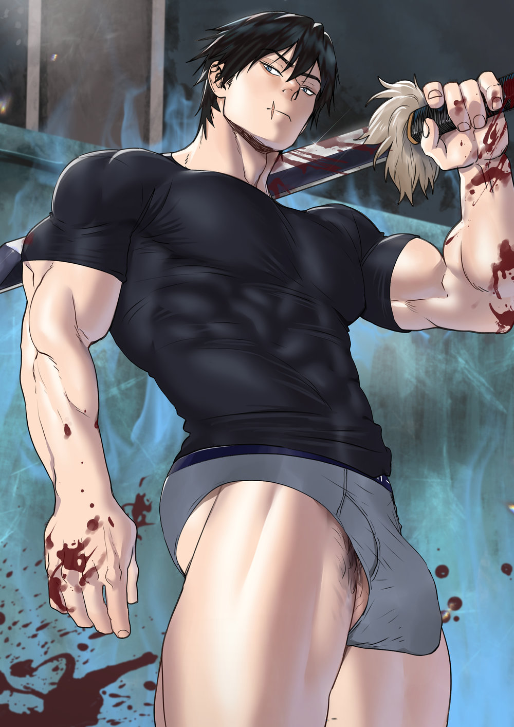 1boy, abs, black hair, blue eyes, bulge through clothing, defined muscles, facial scar, half-erect, human, jujutsu kaisen, male, male only, male pubic hair, masculine male, muscles, muscular, muscular male, pecs, penis, penis bulge, pubic hair, smooth skin, smooth skinned male, suyohara, t-shirt, toji fushiguro, underwear