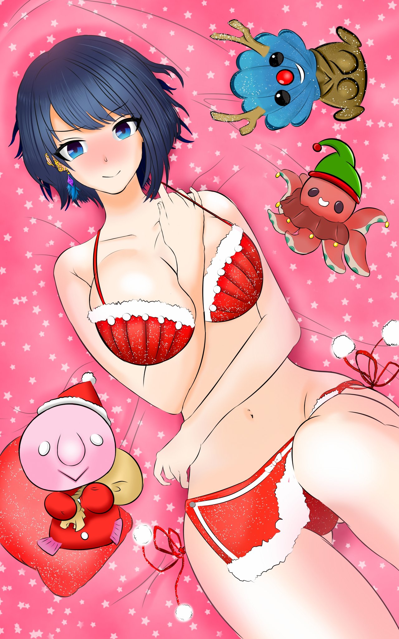 1girls azurel23 bed_sheet blue_eyes christmas dark_blue_hair female female_only first_porn_of_character light-skinned_female light_skin nose_blush oceane_otoishi plushies production_kawaii santa_bikini solo virtual_youtuber