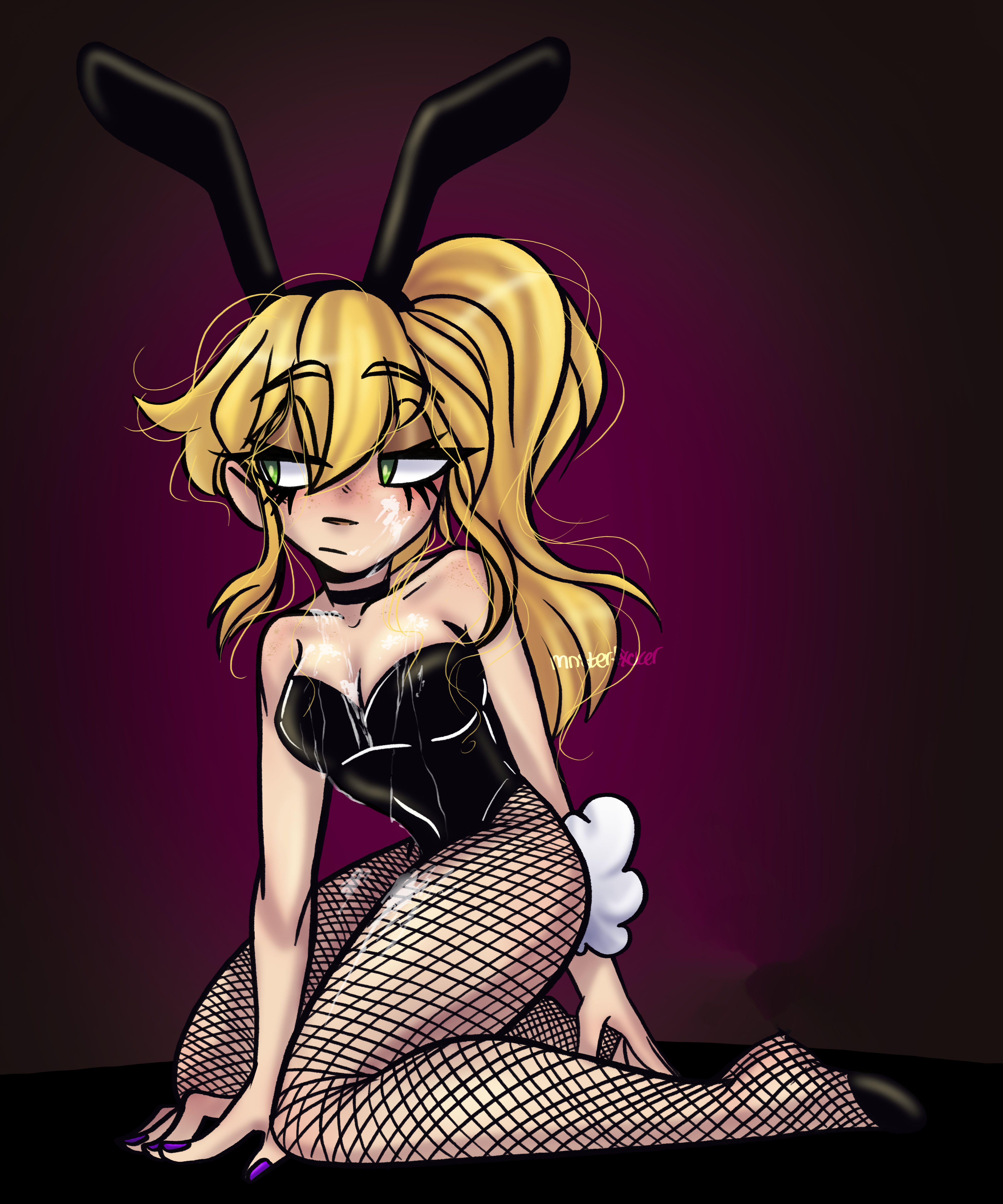 blonde hair, breasts, bunny ears, bunnysuit, cum on breasts, cum on face, female, female only, fishnets, five nights at freddy's, five nights at freddy's: security breach, fnaf, freckles, green eyes, mnsterfxcker, pale skin, playboy bunny, ponytail, solo, vanessa (fnaf)