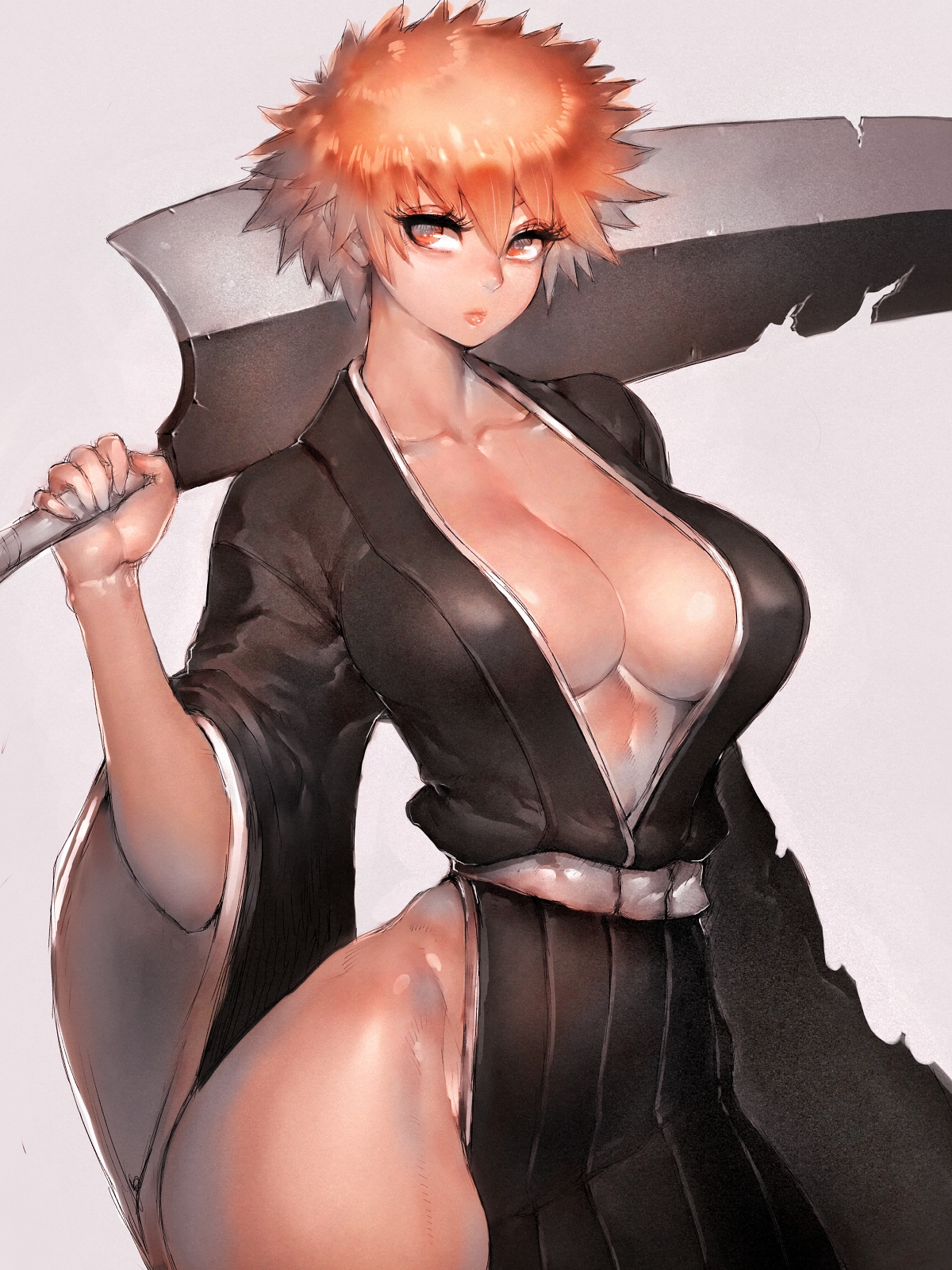 1girls, bleach, breasts, cleavage, female, female ichigo, female only, fumio (rsqkr), genderswap, genderswap (mtf), holding object, huge breasts, ichigo kurosaki, kimono, light skin, light-skinned female, open kimono, orange hair, rule 63, short hair, solo, spiky hair, sword, very short hair