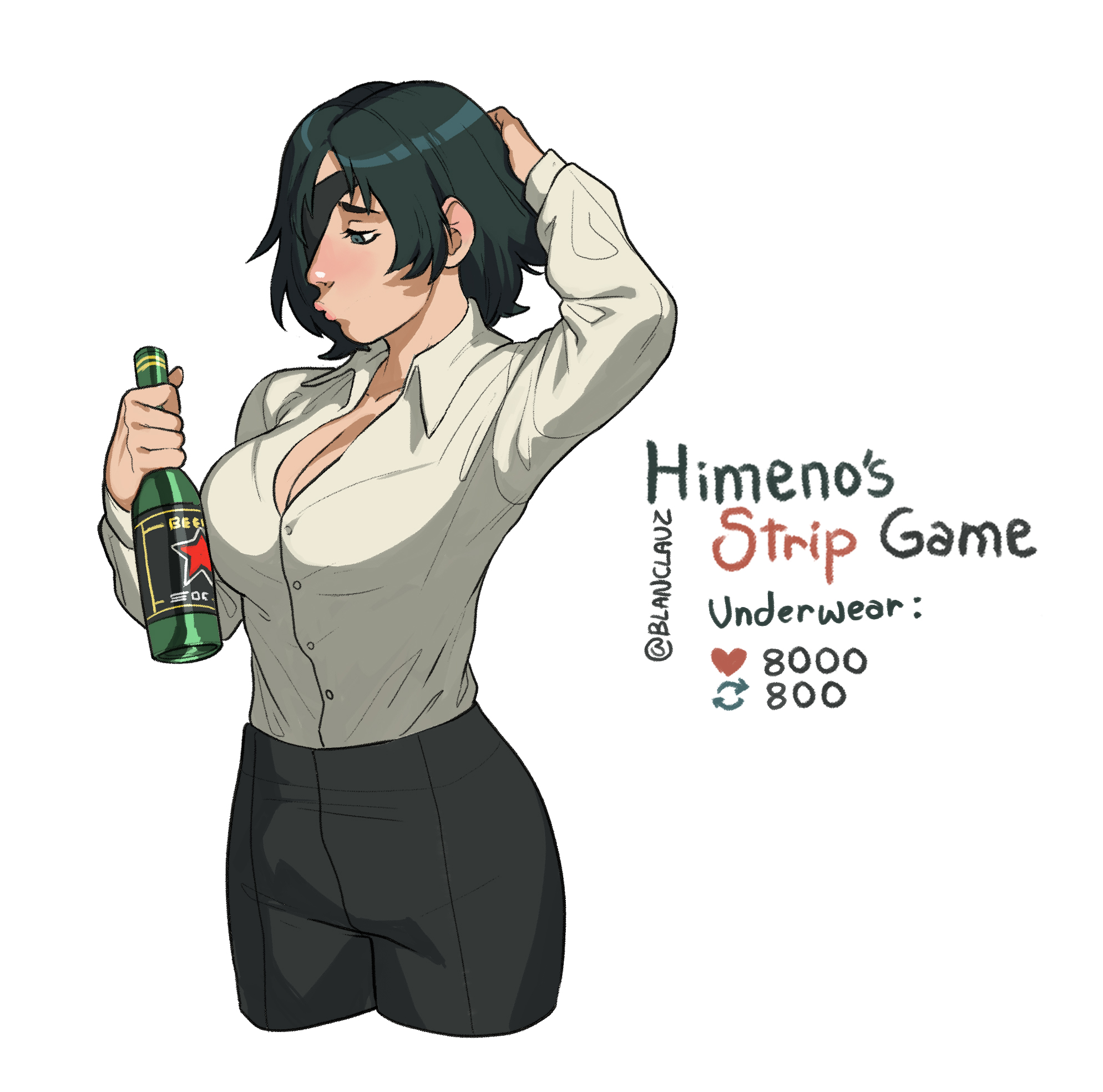 beer, big breasts, blanclauz, breasts, chainsaw man, cleavage, female, female only, himeno (chainsaw man), strip game, tight clothing, tight fit