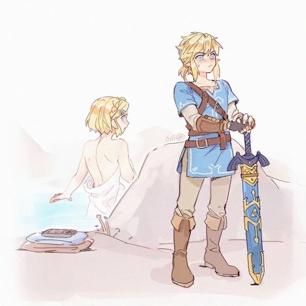 alzi_xiaomi blonde_hair blue_eyes blush boots crown_braid elf_ears facing_forward folded_clothes hair_clip holding_towel hot_spring knee_boots link link_(breath_of_the_wild) looking_away master_sword nintendo princess_zelda sheikah_slate short_blonde_hair short_hair standing_in_water tears_of_the_kingdom the_legend_of_zelda towel_only wholesome zelda_(tears_of_the_kingdom)