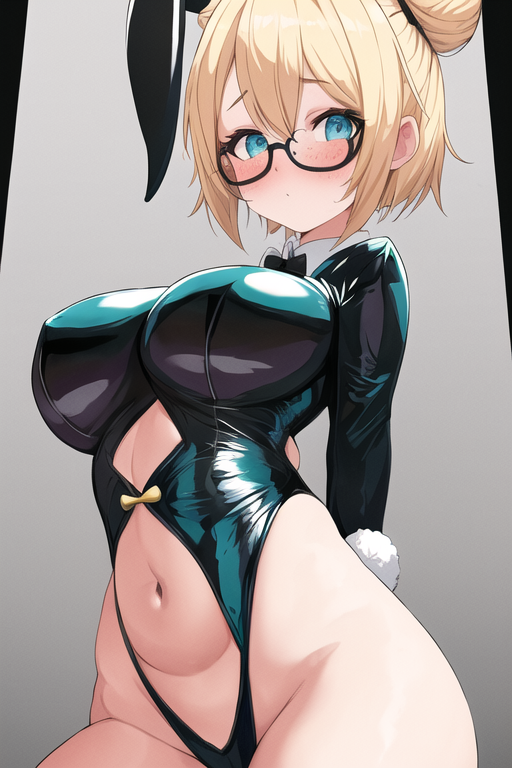 1girls ai_generated blonde_hair bun_hair bunnysuit female freckles glasses hera_(rushpoint) reverse_bunnysuit rush_point short_hair stable_diffusion teal_eyes