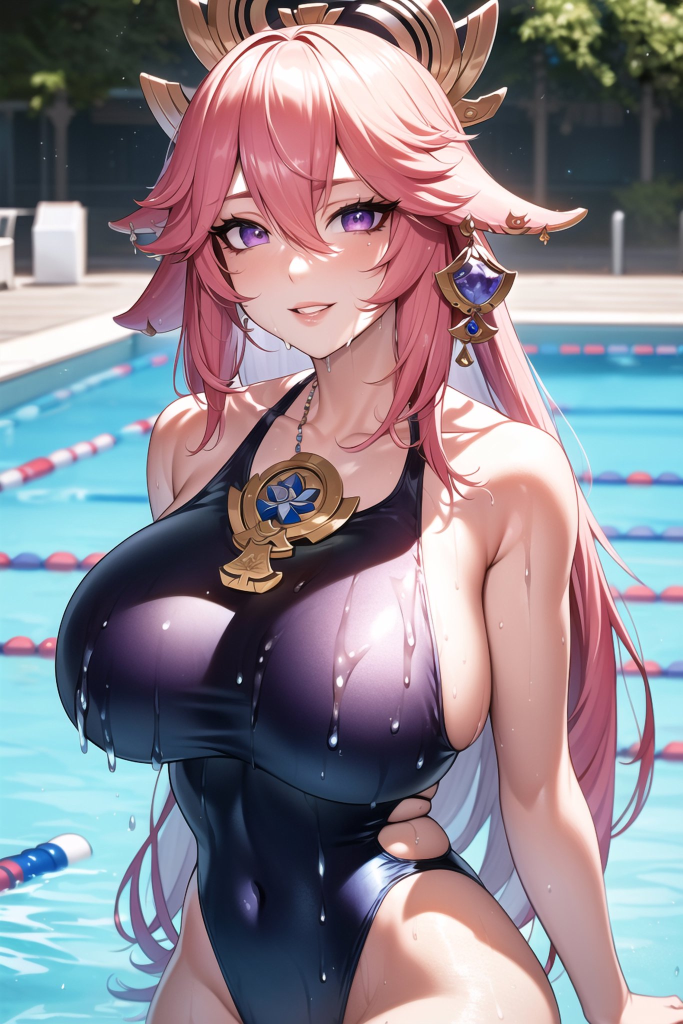 1girls, 2023, ai generated, big breasts, breasts, curvy figure, female, female focus, female only, genshin impact, high resolution, long hair, looking at viewer, pink hair, stable diffusion, swimsuit, tagme, voluptuous female, wet clothes, wet skin, yae miko