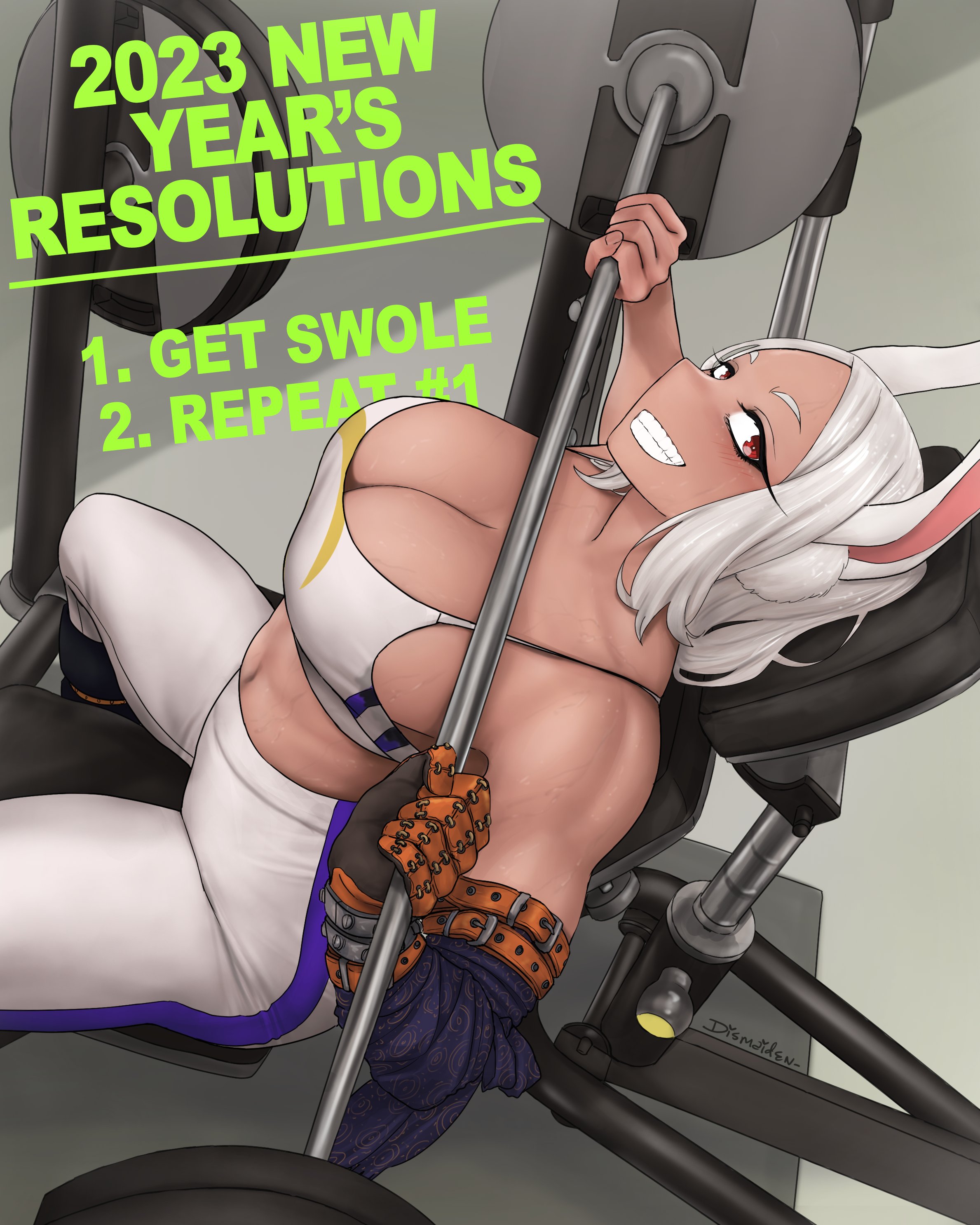 1girls, bench press, big breasts, breasts, cleavage, clothed, dark skin, dark-skinned female, dismaiden, female, female only, fully clothed, looking at viewer, miruko, muscular, muscular female, my hero academia, new year, rumi usagiyama, smile, smiling at viewer, solo, weightlifting, weights, workout clothes