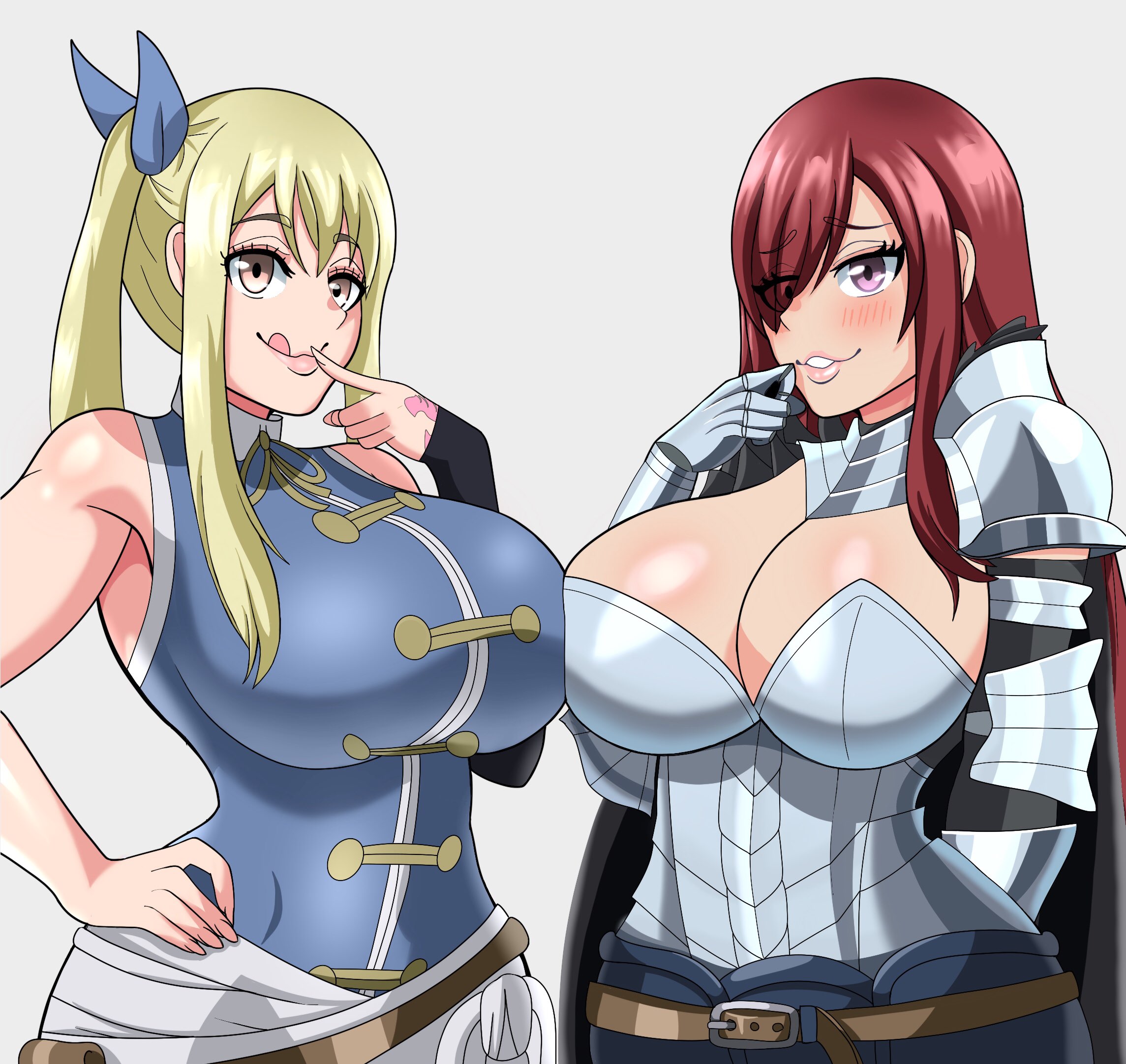 2girls, armor, big breasts, blonde hair, blonde-haired female, breasts, cleavage, curves, curvy, curvy body, curvy female, curvy figure, erza scarlet, fairy tail, fairy tail mark, female, gigantic breasts, hand tattoo, long hair, lucy heartfilia, massive breasts, pink tattoo, ponytail, red hair, red-haired female, seduction, seductive, seductive eyes, seductive look, seductive mouth, seductive pose, seductive smile, tattoo, tattoo on hand, tattooed hand, tongue, tongue out, waist, yorarts