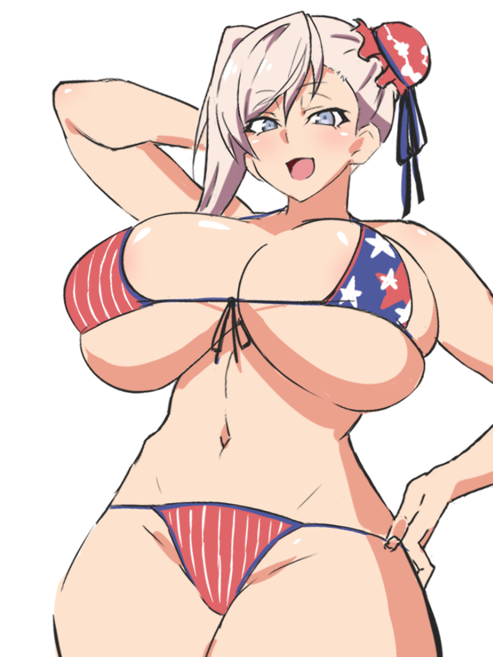 1girls american_flag_bikini arm_up bikini blue_eyes blush breasts dd_(artist) fate/grand_order fate_(series) female hand_on_hip huge_breasts long_hair miyamoto_musashi_(fate) miyamoto_musashi_(swimsuit_berserker) model_pose pink_hair sketch_lines skindentation smile solo thick_thighs white_background wide_hips