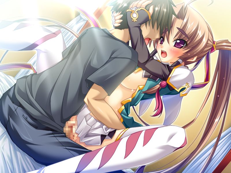 1boy 1girls bachou_mouki_(koihime) brown_hair censored chinese_girl clothed_sex female hongou_kazuto koihime†_(series) koihime_musou male ponytail sex violet_eyes