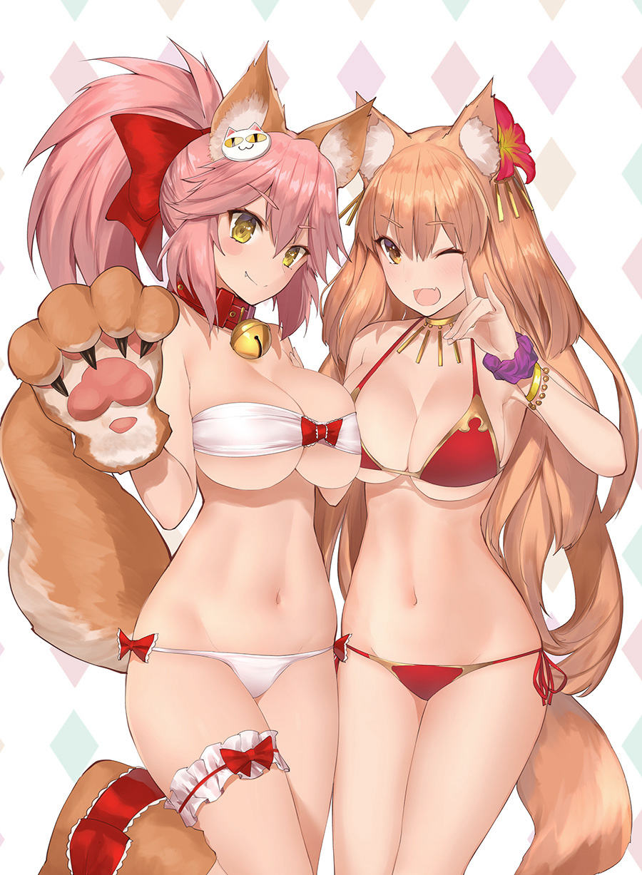 2girls asymmetrical_docking big_breasts bikini breasts duo fate/extra fate/grand_order fate_(series) female kemono long_hair suzuka_gozen_(fate) swimsuit tagme tamamo_cat tamamo_no_mae_(fate) yaman