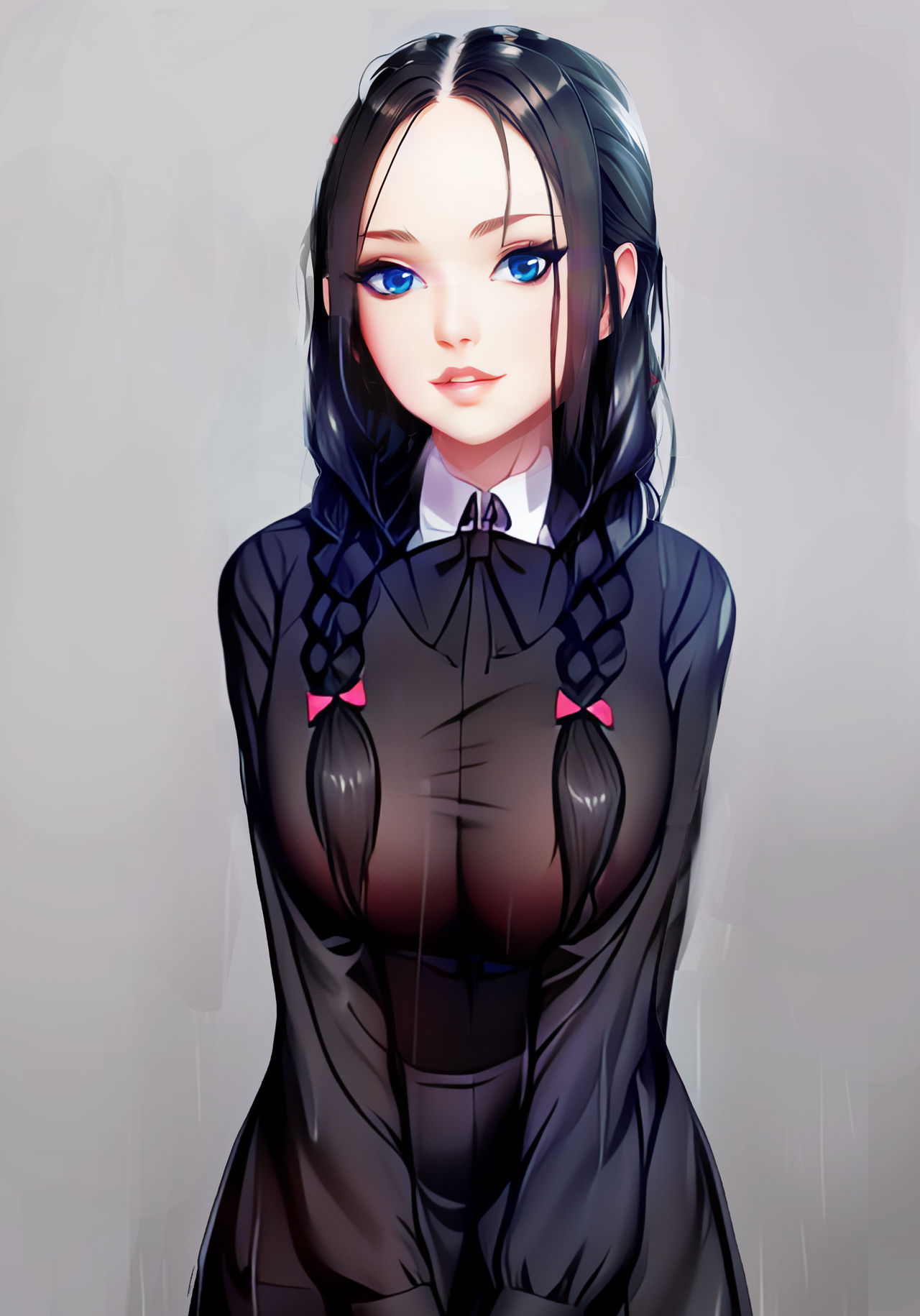 ai generated, big breasts, black hair, blue eyes, breasts, busty, dress, female, female focus, female only, goth, goth girl, hourglass figure, long hair, madaytra, see-through, skin tight, standing, tagme, the addams family, twin braids, wednesday addams, wide hips